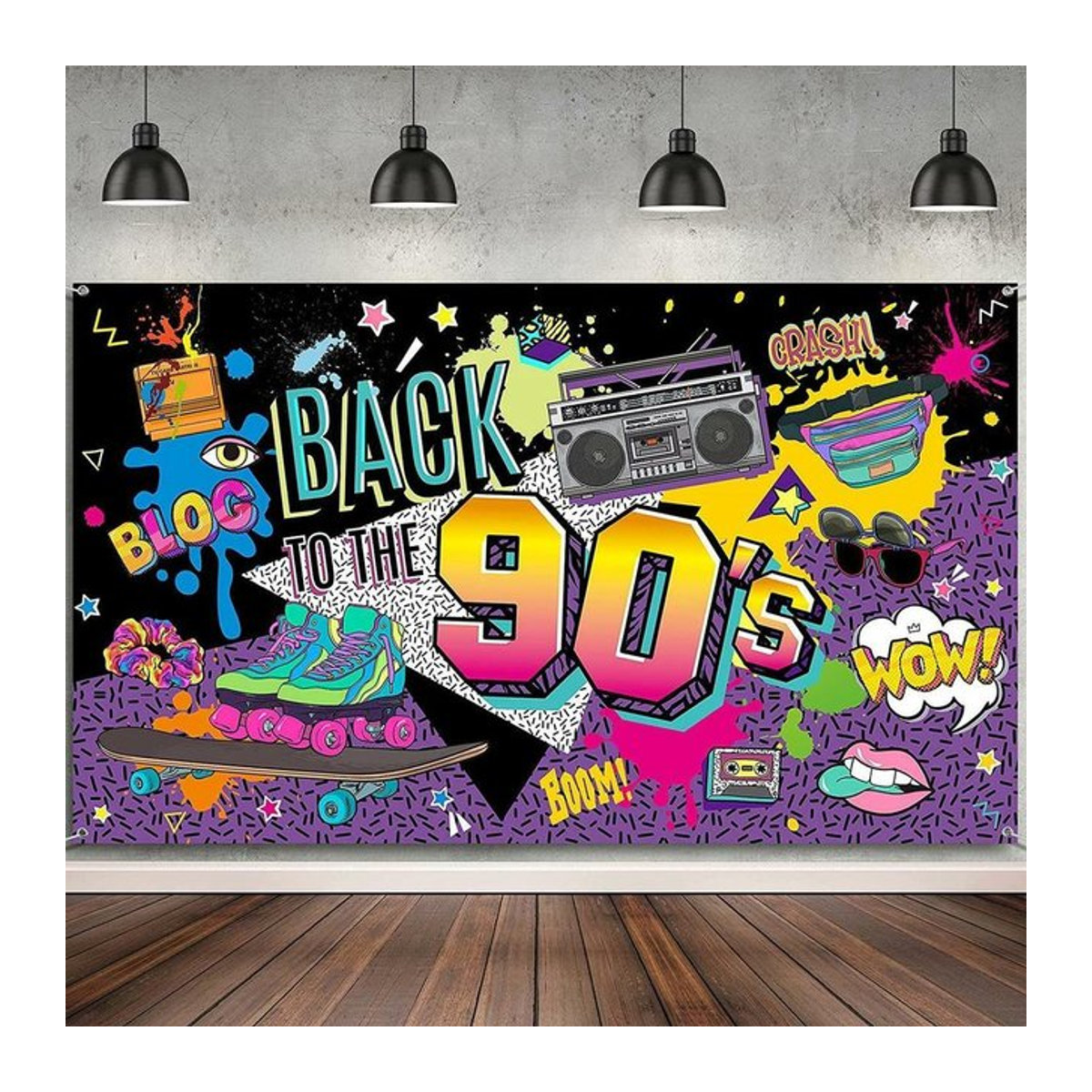 VIKAMA Party-Hintergrundbanner im 80er und 90er Jahre Vintage-Stil mit Graffiti, Radio und Skateboard, mehrfarbig orange, Textil-Fotografie-Requisit - Bild 1
