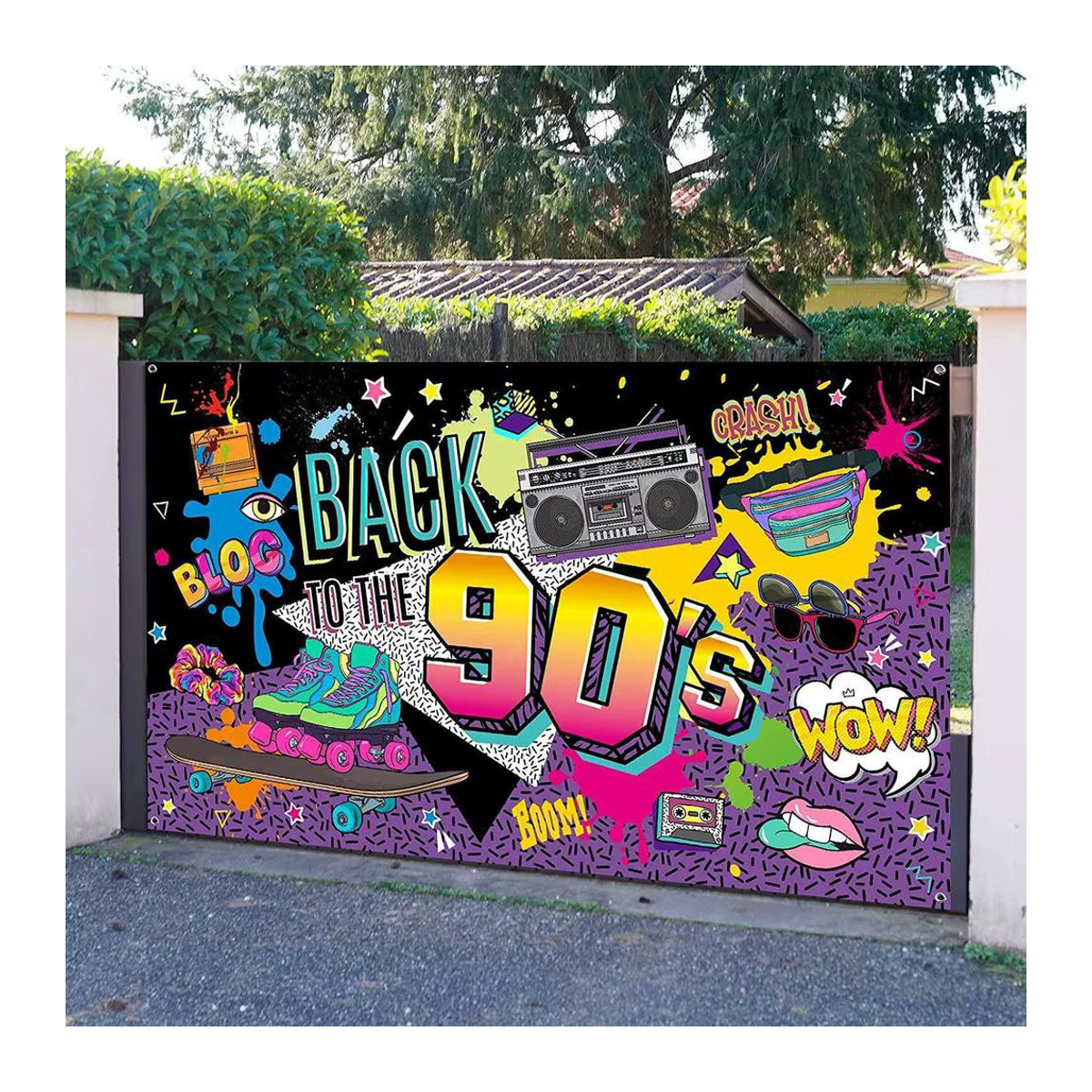 VIKAMA Party-Hintergrundbanner im 80er und 90er Jahre Vintage-Stil mit Graffiti, Radio und Skateboard, mehrfarbig orange, Textil-Fotografie-Requisit - Bild 2