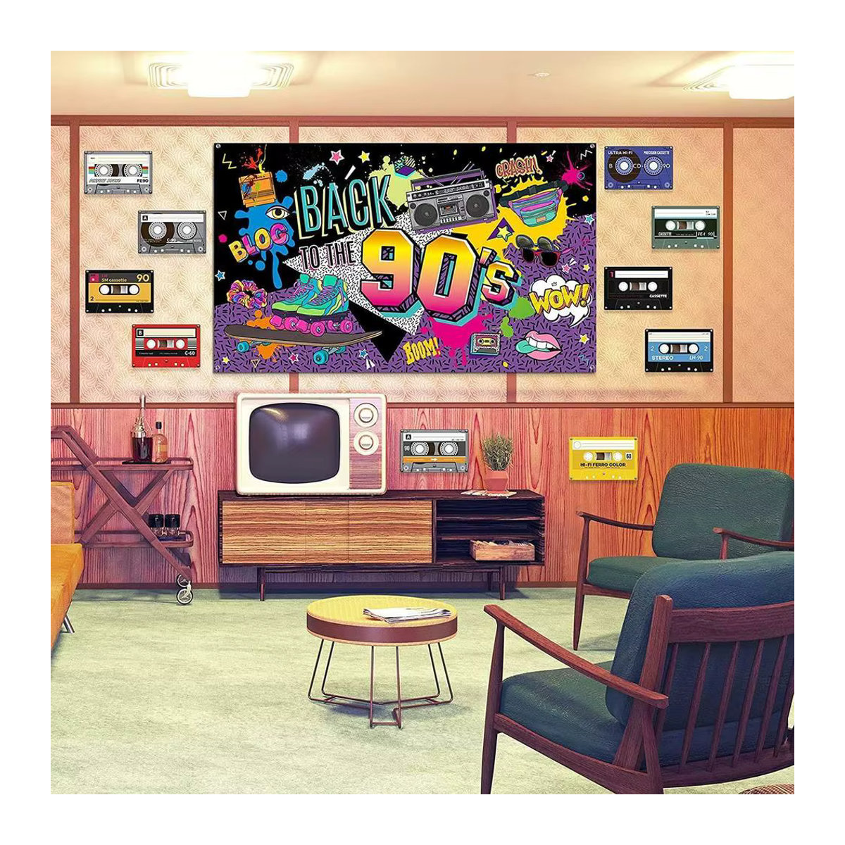 VIKAMA Party-Hintergrundbanner im 80er und 90er Jahre Vintage-Stil mit Graffiti, Radio und Skateboard, mehrfarbig orange, Textil-Fotografie-Requisit - Bild 5