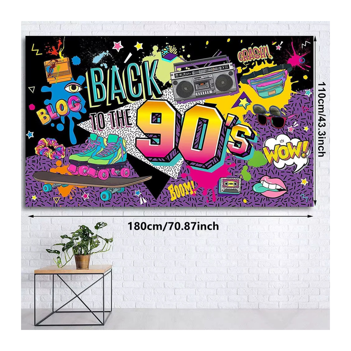 VIKAMA Party-Hintergrundbanner im 80er und 90er Jahre Vintage-Stil mit Graffiti, Radio und Skateboard, mehrfarbig orange, Textil-Fotografie-Requisit - Bild 6