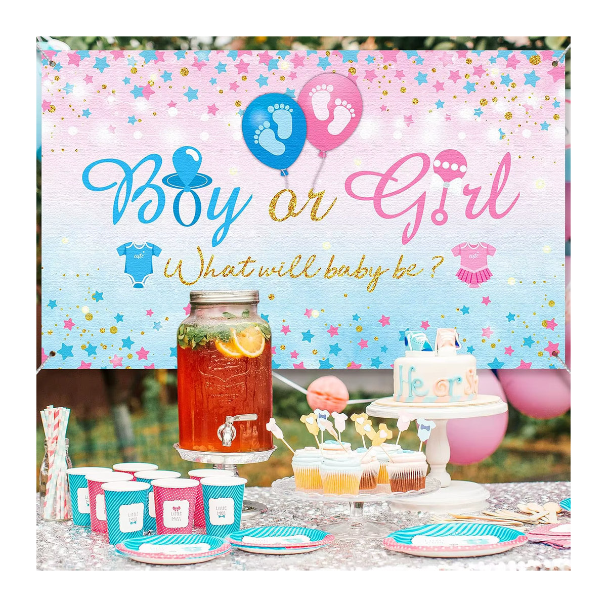 VIKAMA Party Kulisse zur Geschlechterenthüllung für Baby Shower in Blau und Rosa mit Sternen-Design - Bild 3