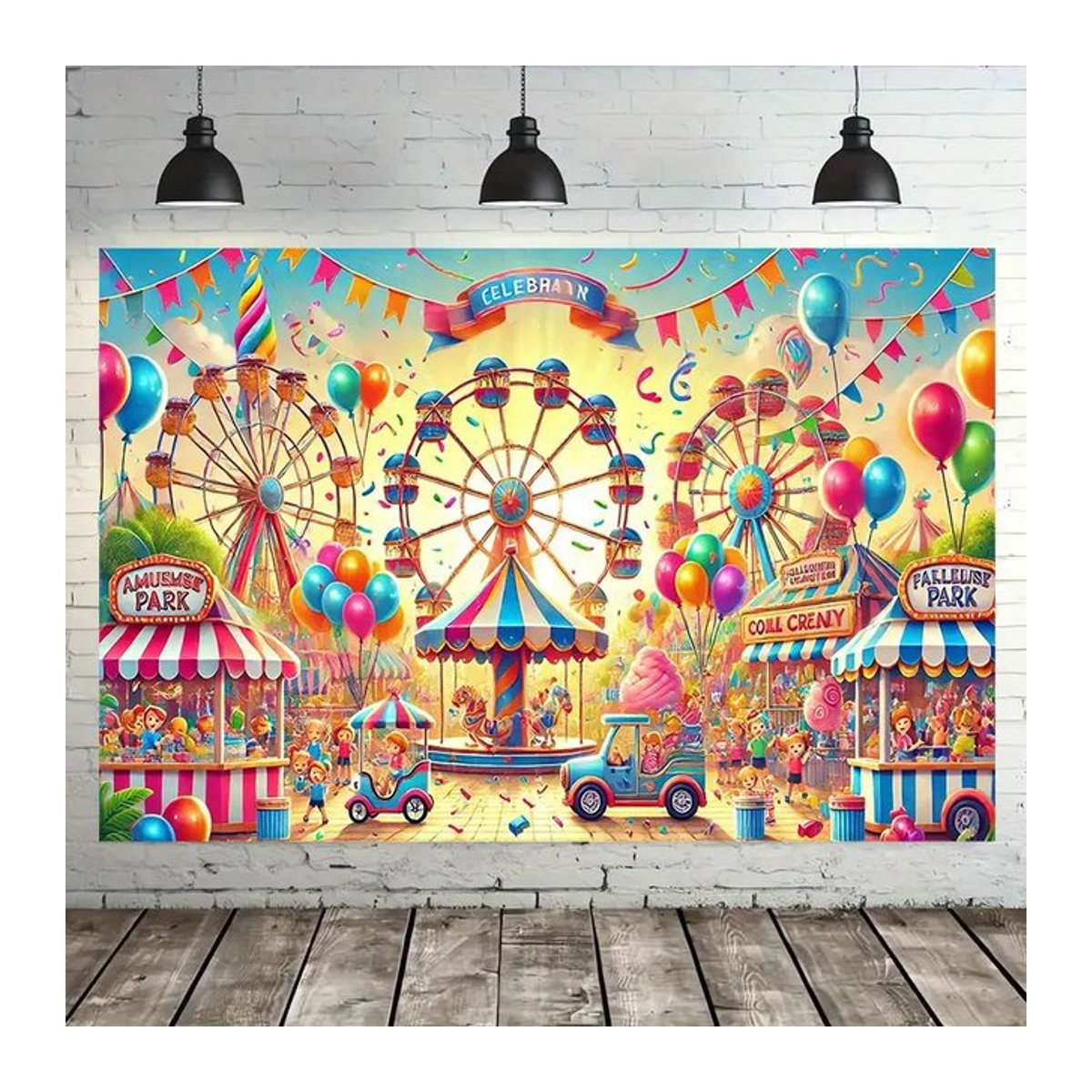 VIKAMA Partydekoration Karneval mit Riesenrad und Karussell, mehrfarbiger Banner als Hintergrund für dein Festival oder deine Feier, rechteckig, weiß und mehrfarbig - Bild 1