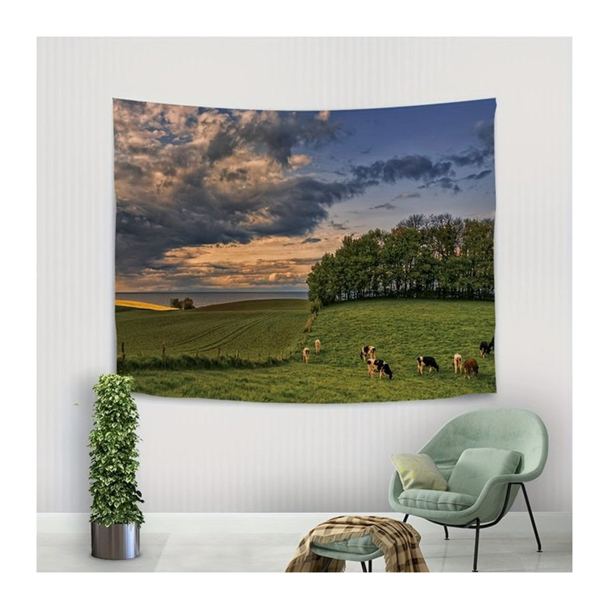 VIKAMA Pastoral Wandteppich mit Milchkühen und Landschaft in Grün und Mehrfarbig - Bild 1