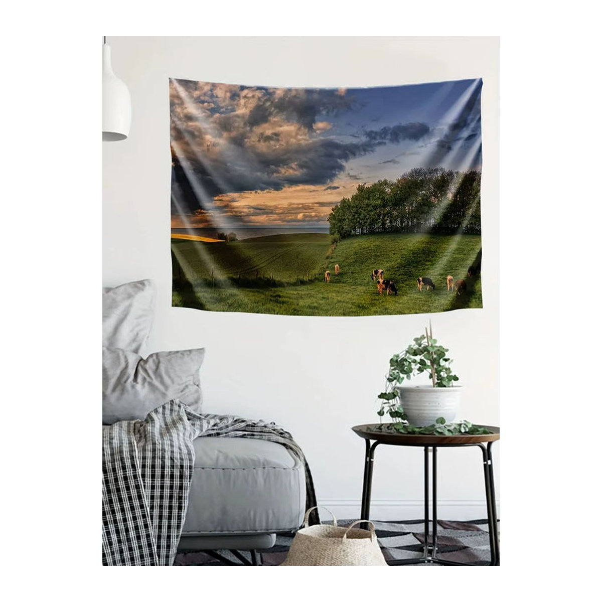 VIKAMA Pastoral Wandteppich mit Milchkühen und Landschaft in Grün und Mehrfarbig - Bild 2