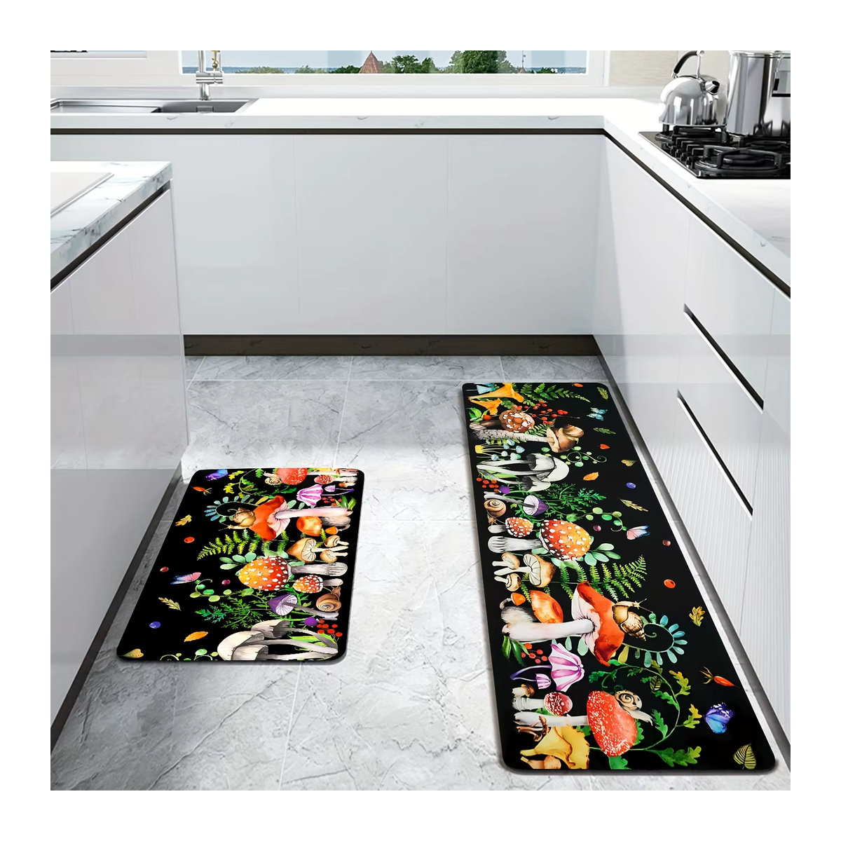 VIKAMA Pilz-Küchenmatte im 2er-Set, mehrfarbige dekorative Matte, wasserabsorbierend und rutschfest für Küche, Eingangsbereich oder Wohnzimmer - Bild 2
