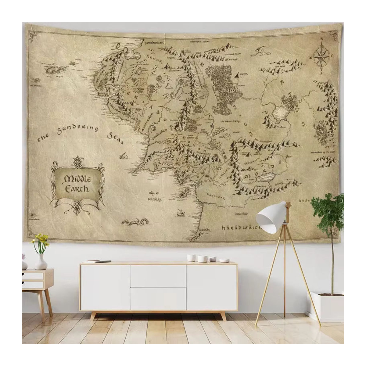 VIKAMA Piraten-Schatzkarten Wandteppich in Beige, Vintage Maritimer Wandbehang als Textil-Dekoration im Querformat - Bild 1