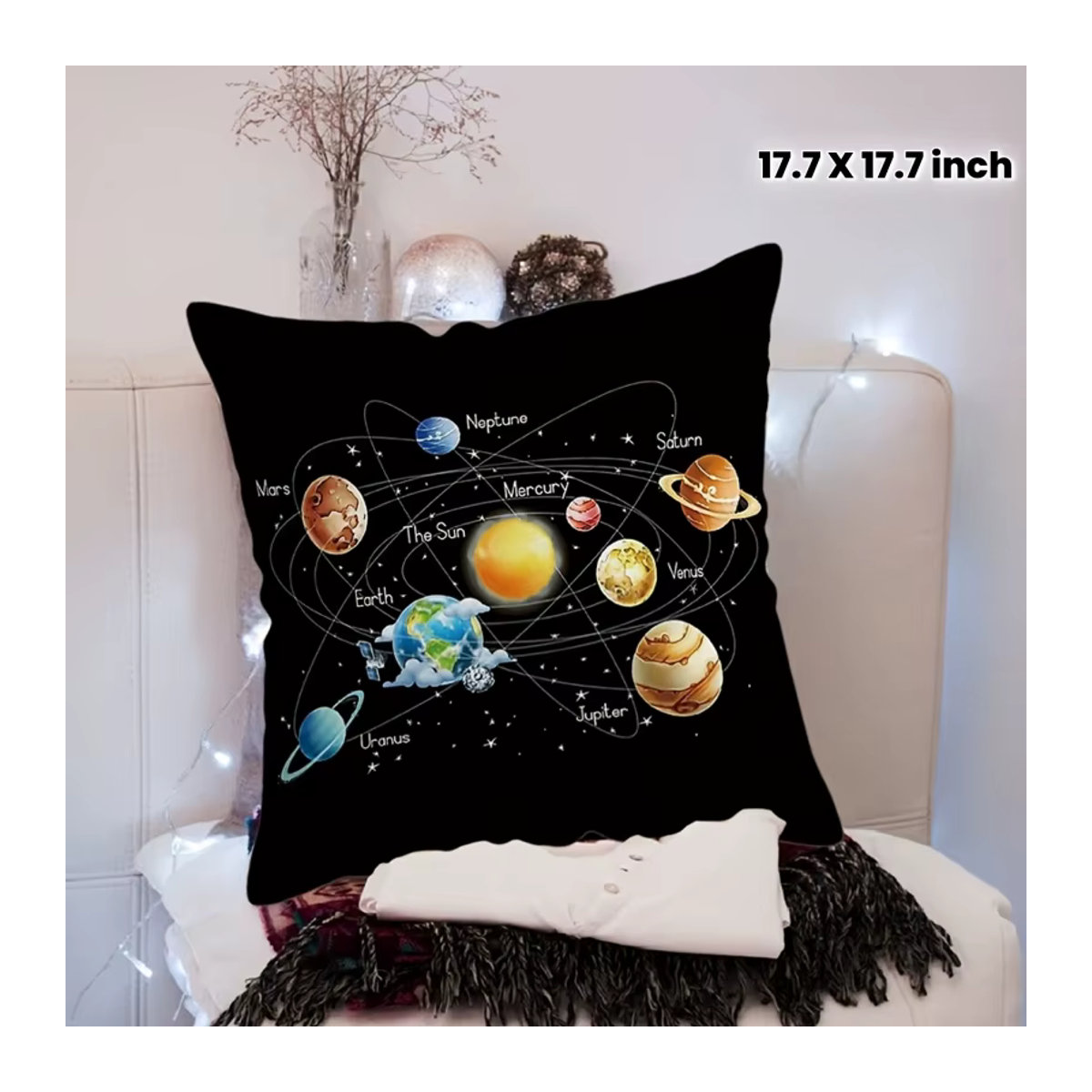 VIKAMA Planeten-Kissenbezug mit Sonnensystem-Motiv und Sternenhimmel in Schwarz - Bild 2