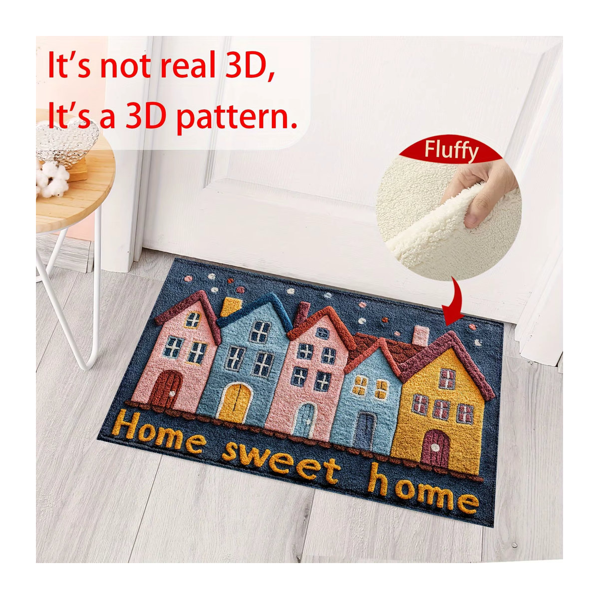 VIKAMA Plüsch-Fußmatte Sweet Home mit buntem Hausmuster in Mehrfarbig - Bild 4