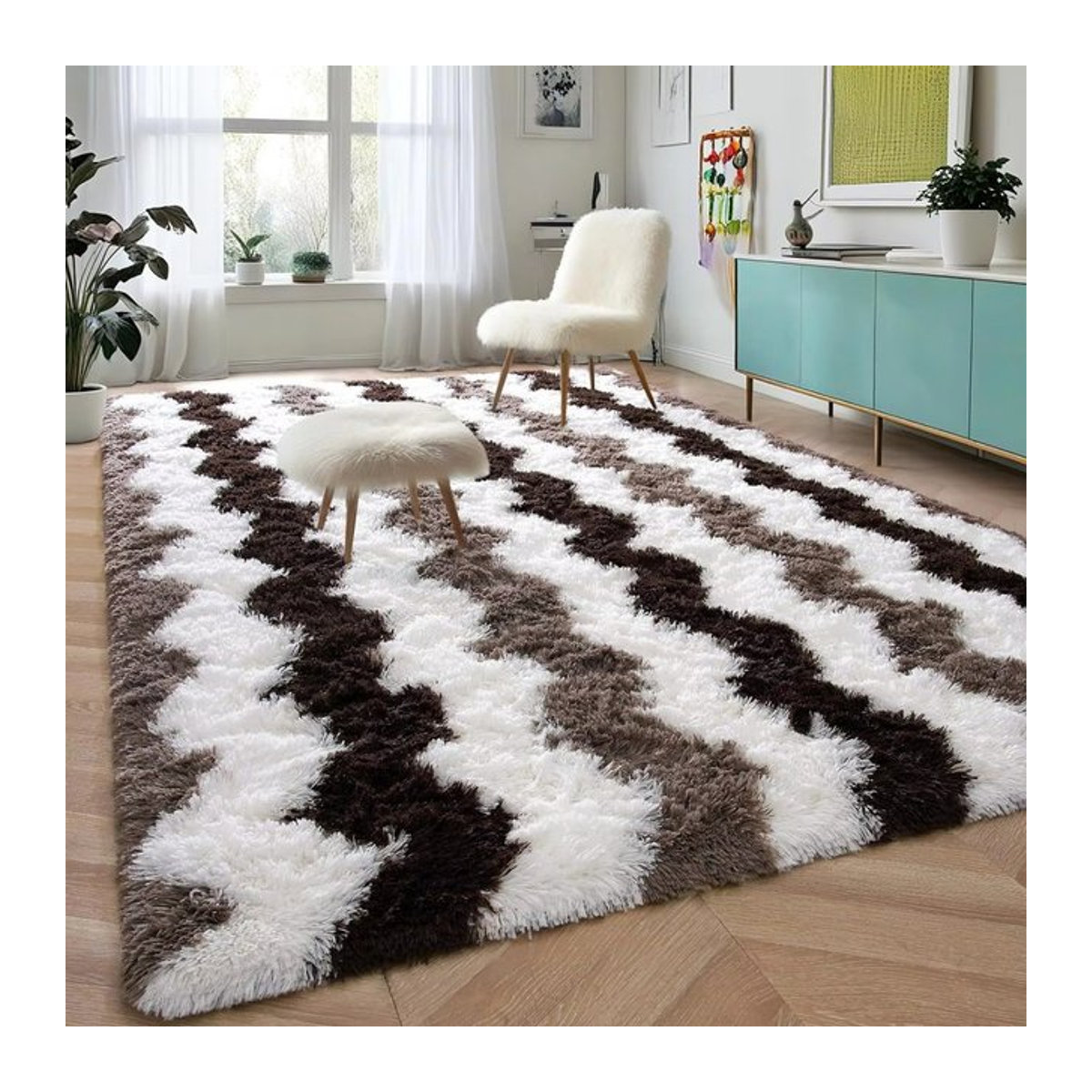 VIKAMA Plüsch-Teppich mit Wellenmuster in Patchwork-Optik, mehrfarbig, weich und warm für Wohnzimmer oder Schlafzimmer - Bild 1
