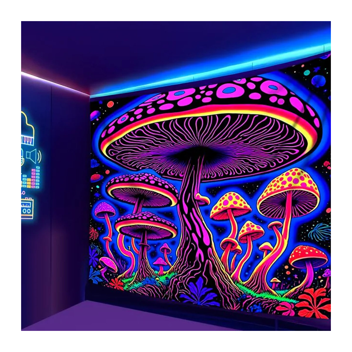 VIKAMA Psychedelischer Pilz-Wandteppich in Mehrfarbig, Bohemian Textil-Dekoration mit floralem Design, B/H: 60 x 40 cm - Bild 1