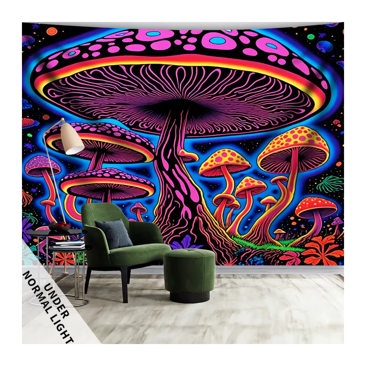 VIKAMA Psychedelischer Pilz-Wandteppich in Mehrfarbig, Bohemian Textil-Dekoration mit floralem Design, B/H: 60 x 40 cm - Bild 2