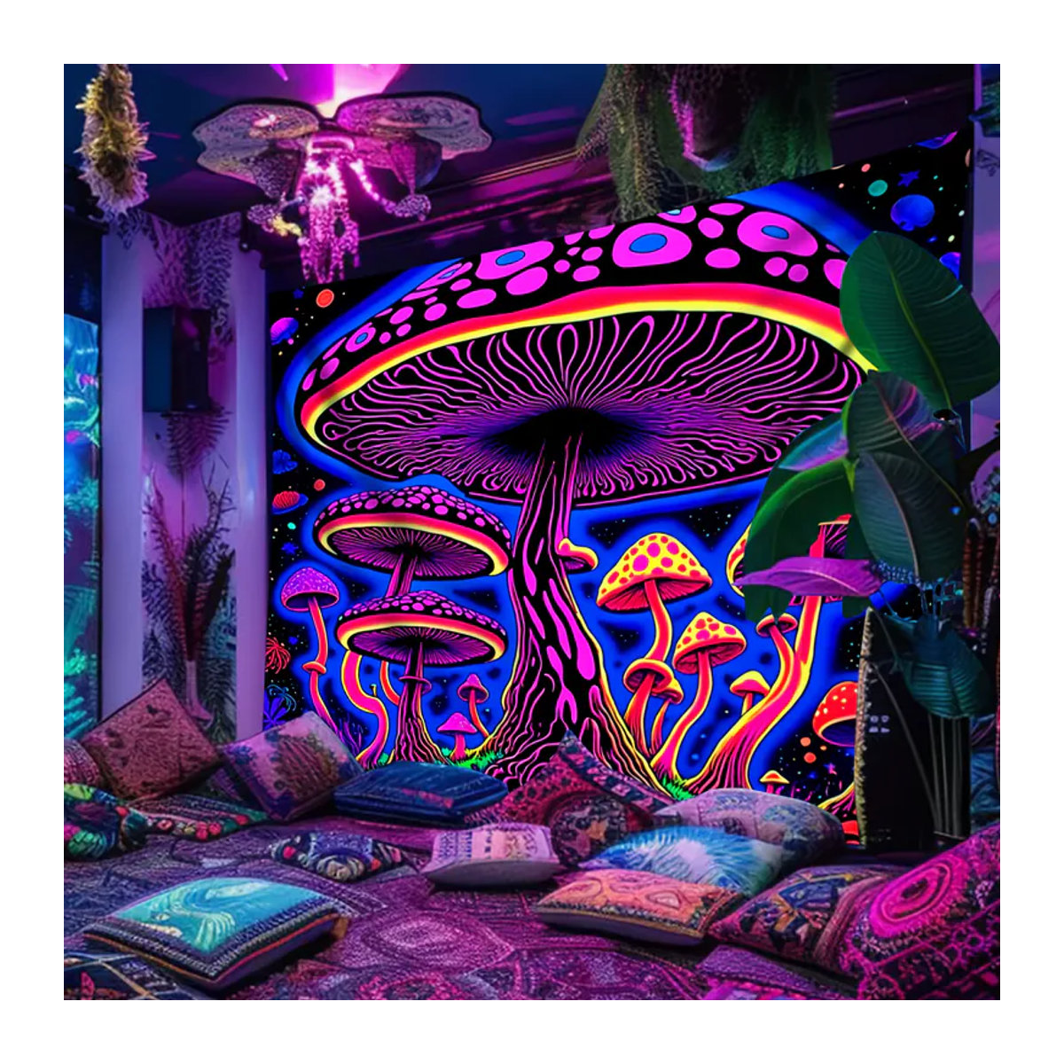 VIKAMA Psychedelischer Pilz-Wandteppich in Mehrfarbig, Bohemian Textil-Dekoration mit floralem Design, B/H: 60 x 40 cm - Bild 4