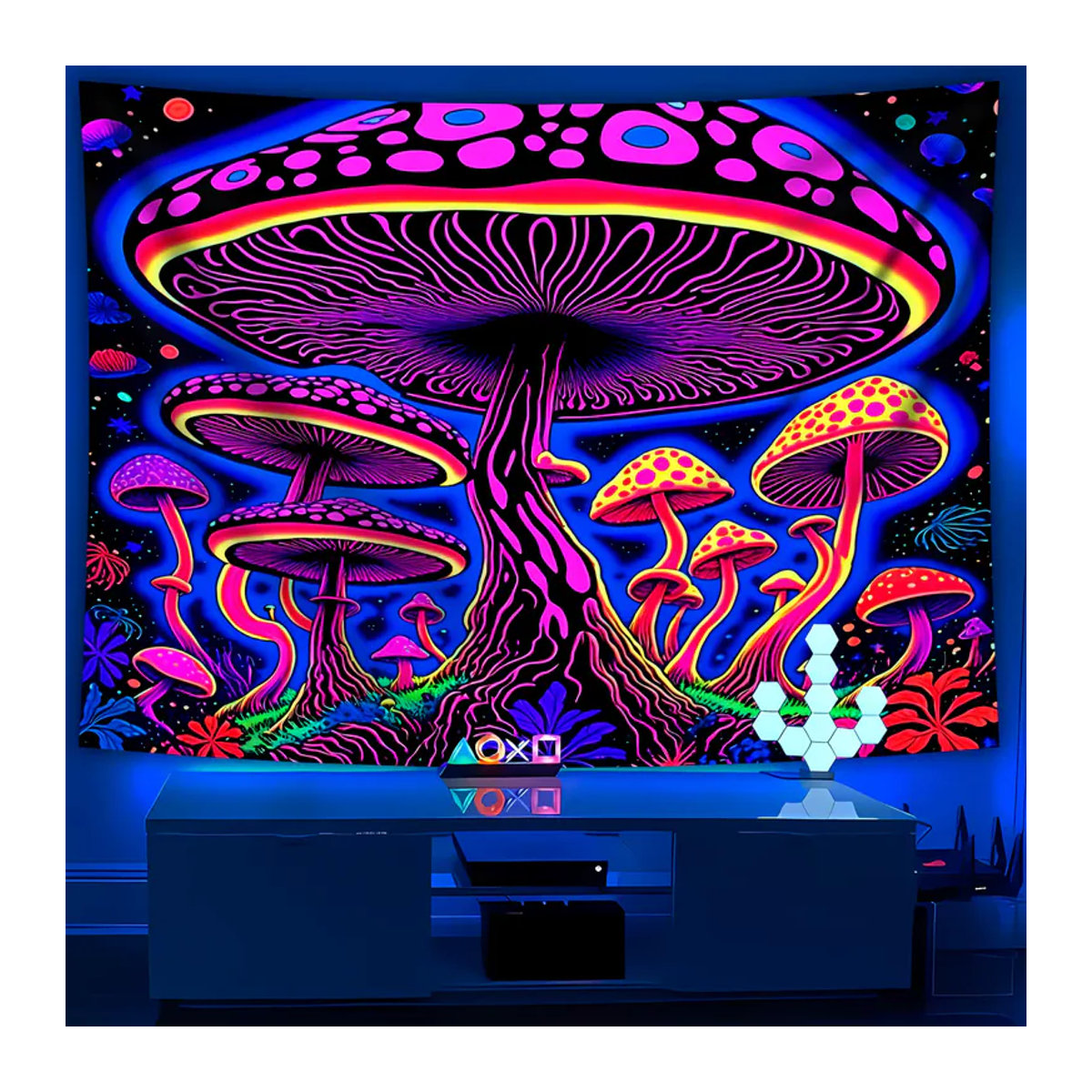 VIKAMA Psychedelischer Pilz-Wandteppich in Mehrfarbig, Bohemian Textil-Dekoration mit floralem Design, B/H: 60 x 40 cm - Bild 6