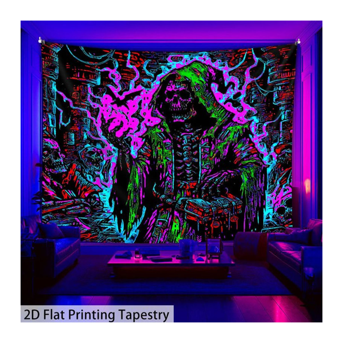 VIKAMA Psychedelischer Totenkopf-Wandteppich mit Stadtmotiv und Halo, mehrfarbig, Textil, rechteckig - Bild 1