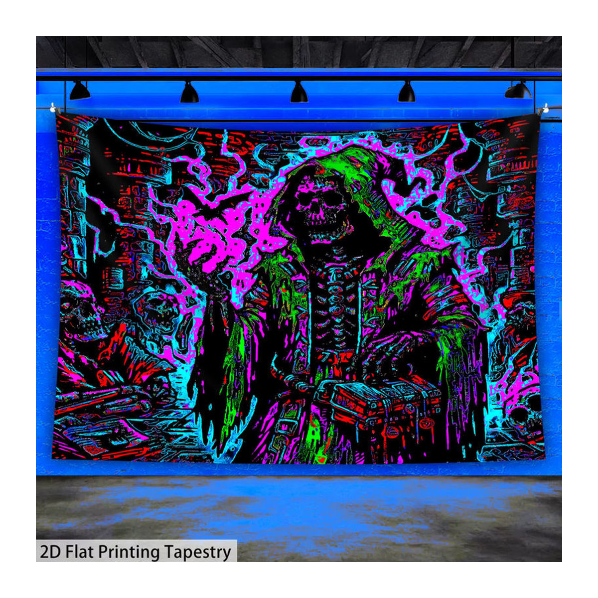 VIKAMA Psychedelischer Totenkopf-Wandteppich mit Stadtmotiv und Halo, mehrfarbig, Textil, rechteckig - Bild 2