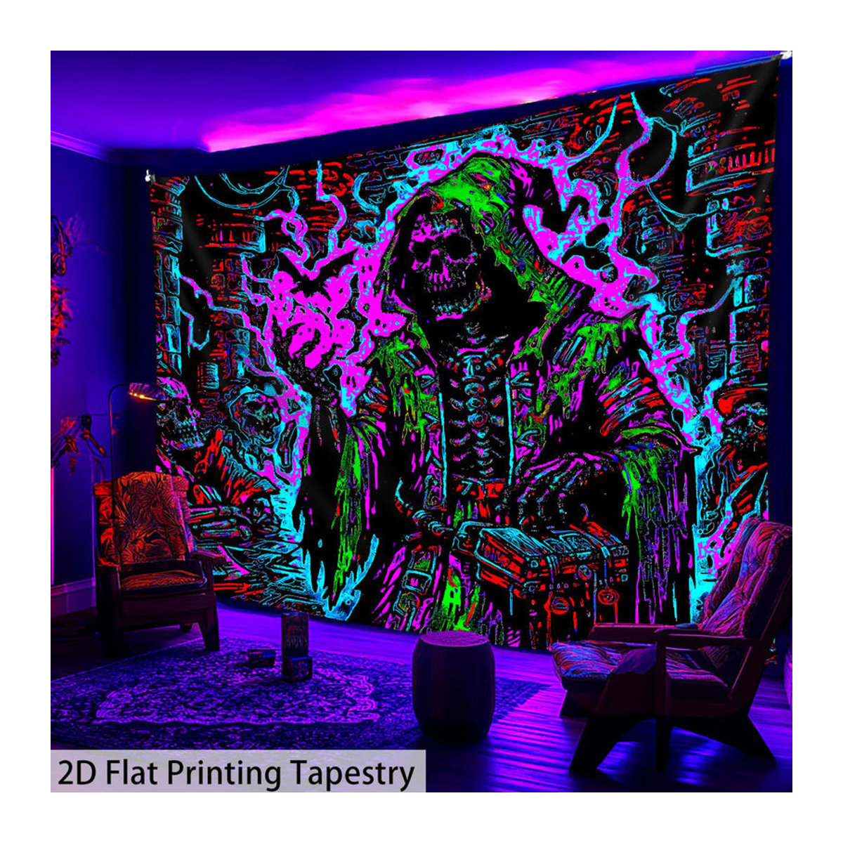 VIKAMA Psychedelischer Totenkopf-Wandteppich mit Stadtmotiv und Halo, mehrfarbig, Textil, rechteckig - Bild 3