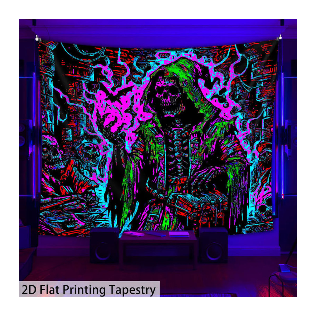 VIKAMA Psychedelischer Totenkopf-Wandteppich mit Stadtmotiv und Halo, mehrfarbig, Textil, rechteckig - Bild 4