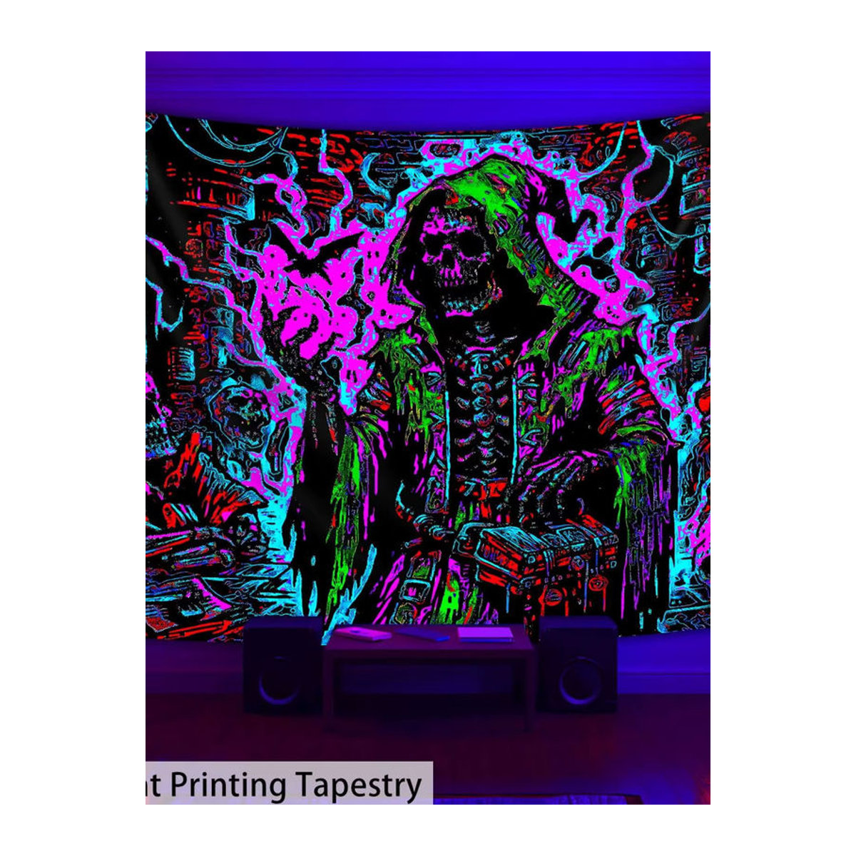VIKAMA Psychedelischer Totenkopf-Wandteppich mit Stadtmotiv und Halo, mehrfarbig, Textil, rechteckig - Bild 5