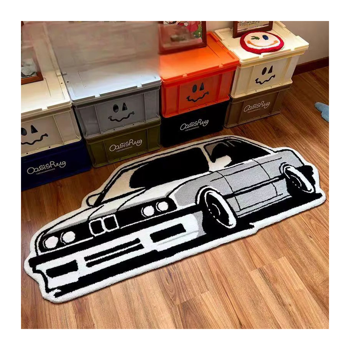 VIKAMA Retro Auto Teppich in Schwarz, Rutschfestes Bodenkissen im Kaschmir-Look für deine Dekoration - Bild 2