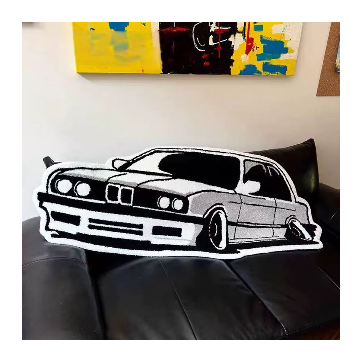 VIKAMA Retro Auto Teppich in Schwarz, Rutschfestes Bodenkissen im Kaschmir-Look für deine Dekoration - Bild 3