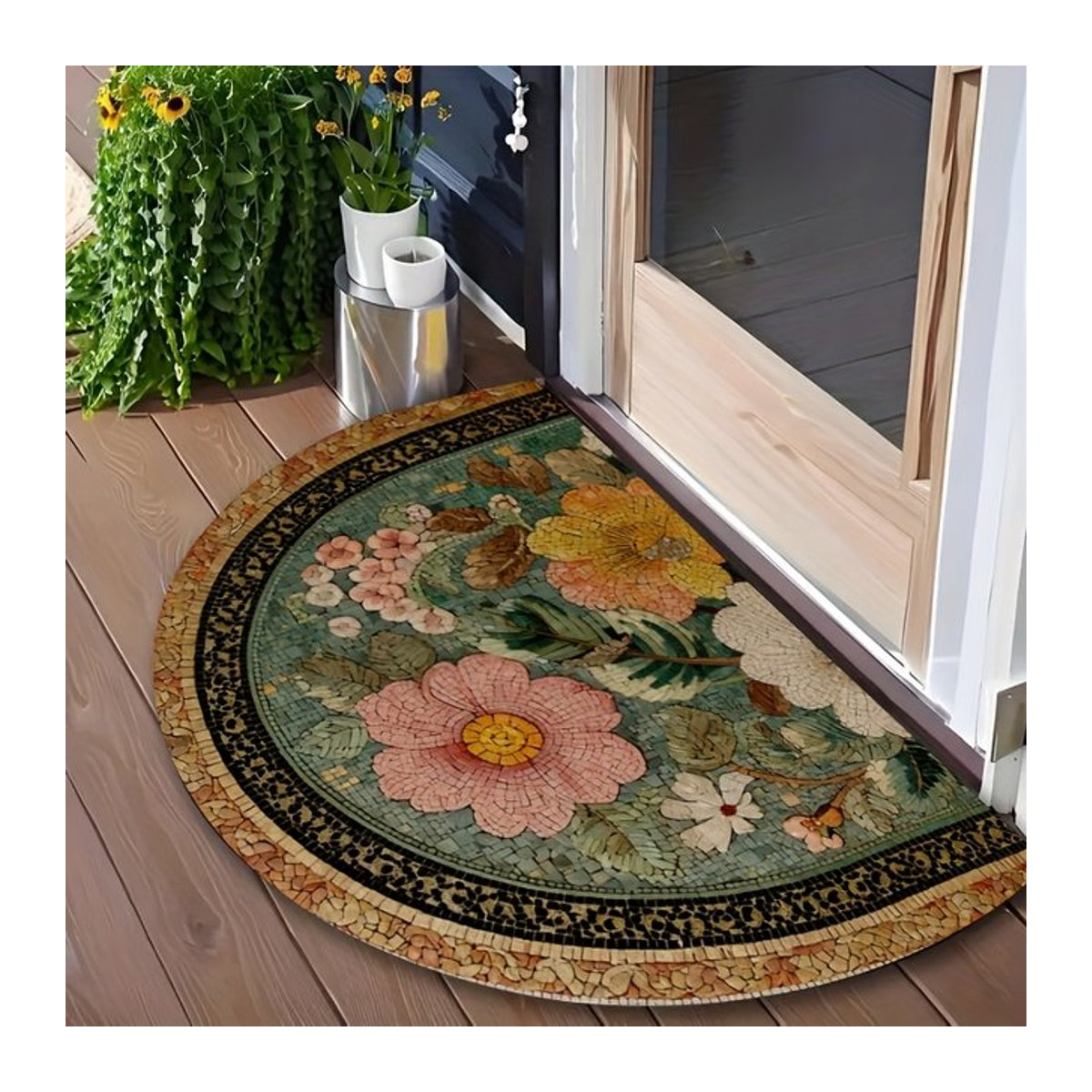 VIKAMA Retro Floral Halbrunde Eingangstürmatte in Mehrfarbig, Rutschfeste und Maschinenwaschbare Bodenmatte zur Dekoration - Bild 1