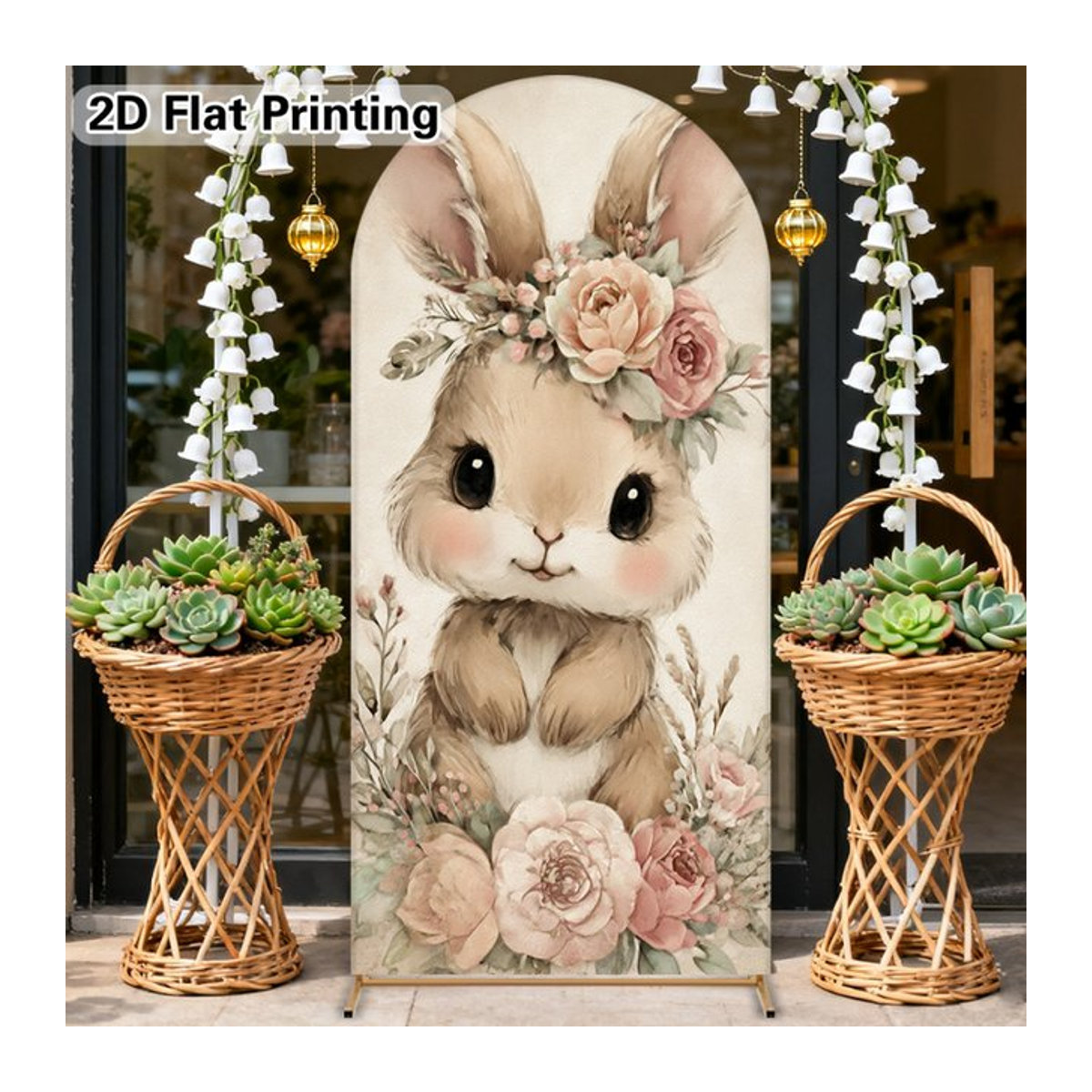 VIKAMA Retro-Fotohintergrund mit Hasen- und Blumenmuster in Beige, rechteckig, B: 120 cm, H: 50 cm, T: 50 cm - Bild 1