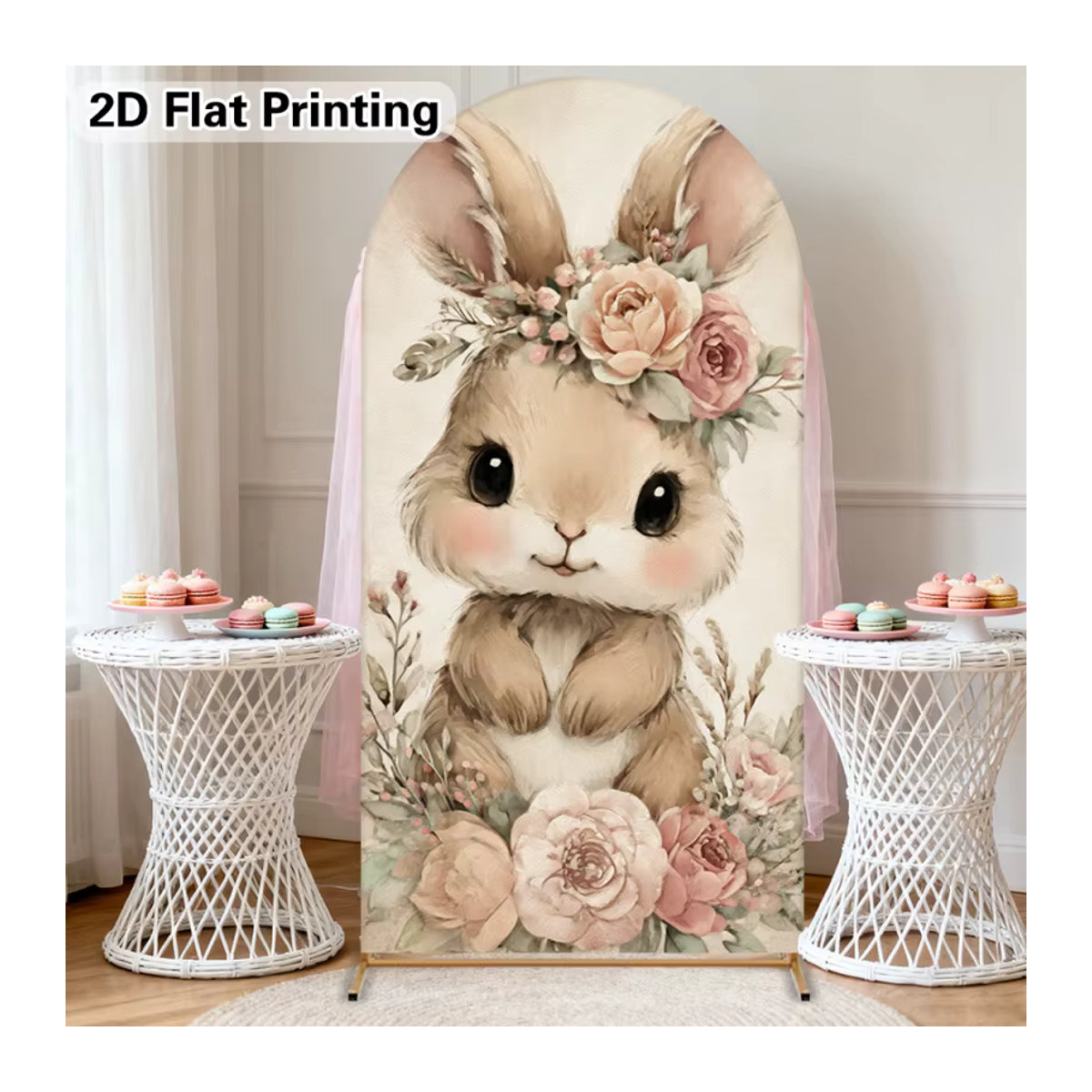 VIKAMA Retro-Fotohintergrund mit Hasen- und Blumenmuster in Beige, rechteckig, B: 120 cm, H: 50 cm, T: 50 cm - Bild 3