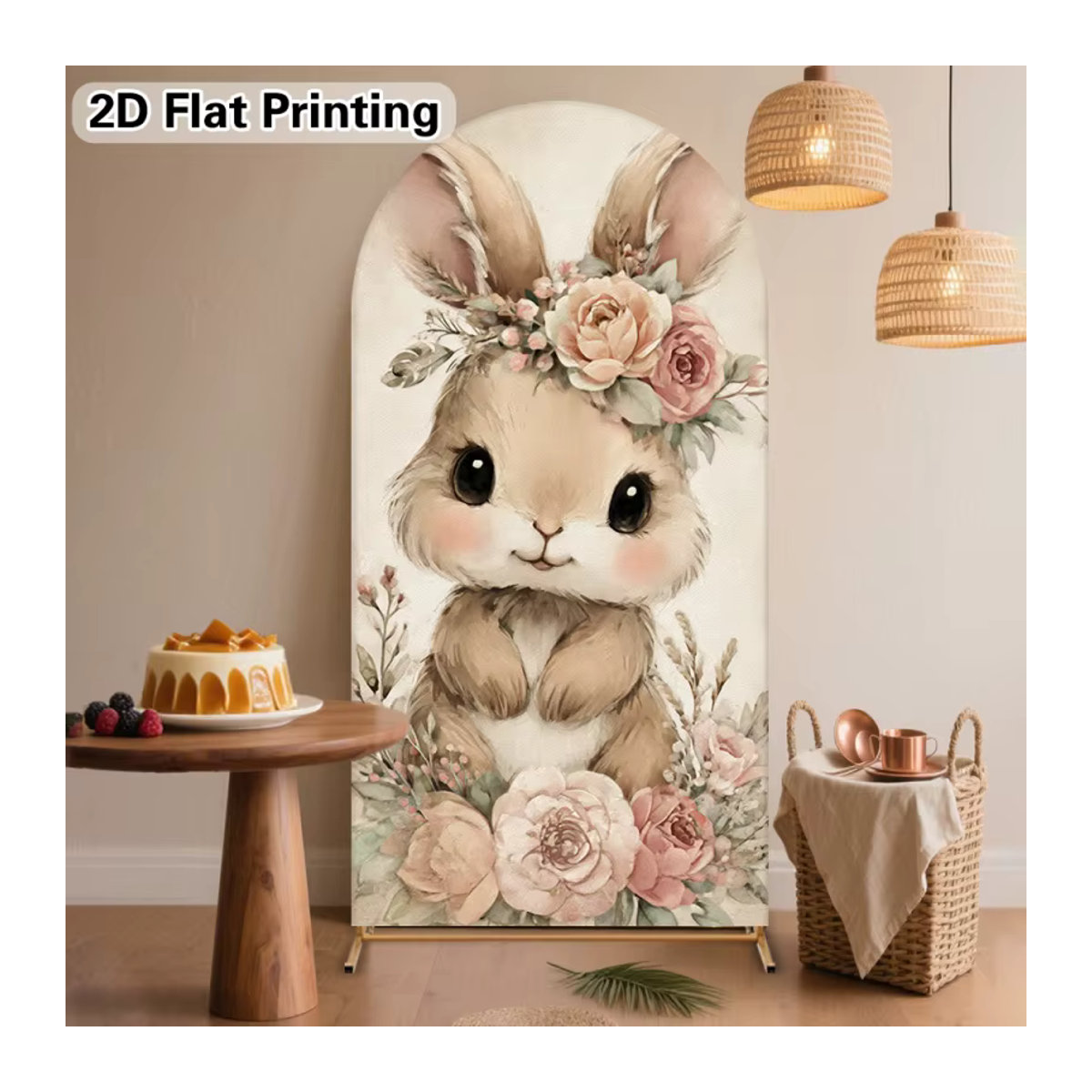 VIKAMA Retro-Fotohintergrund mit Hasen- und Blumenmuster in Beige, rechteckig, B: 120 cm, H: 50 cm, T: 50 cm - Bild 4