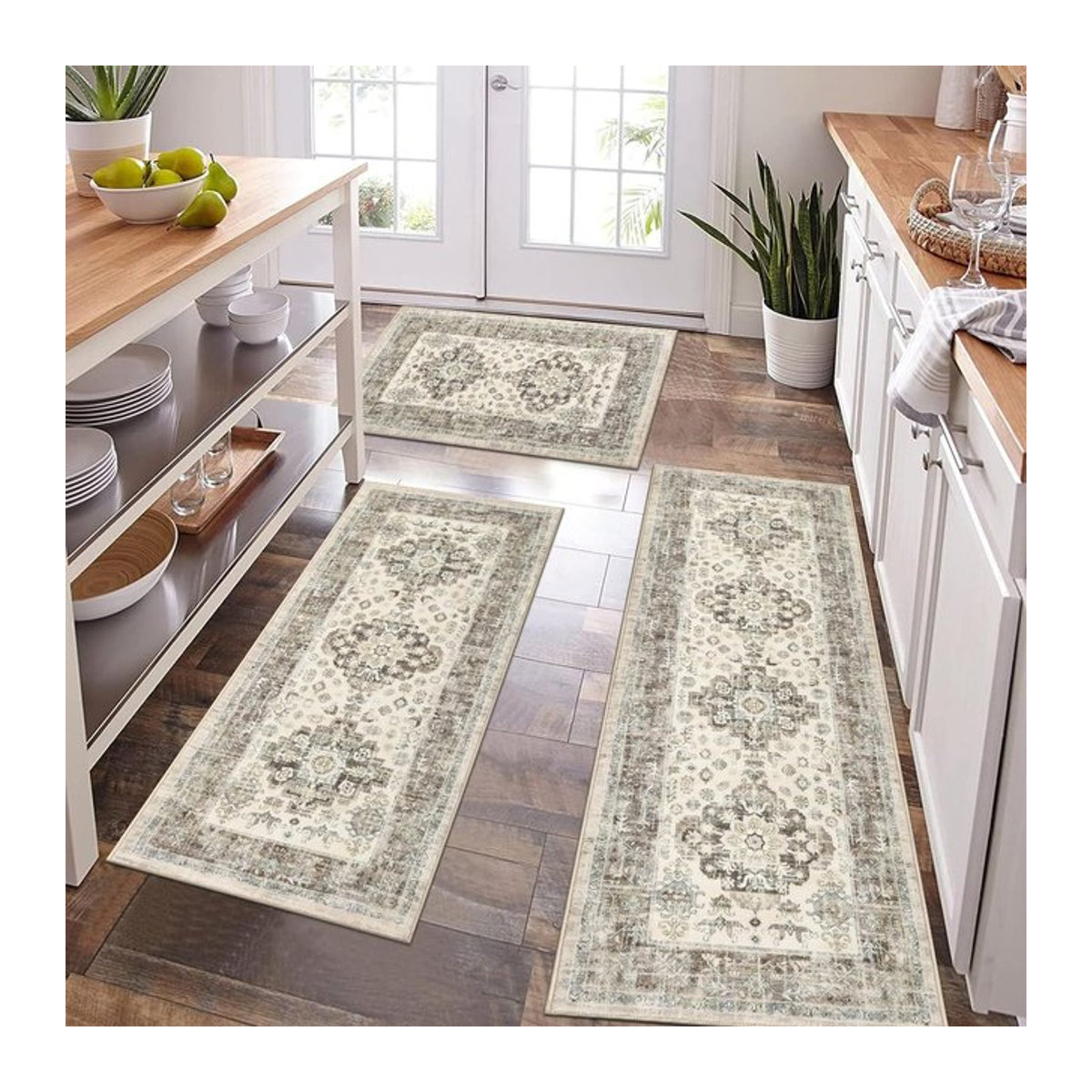 VIKAMA Retro Luxus Teppich in Beige mit Print für Küche, Badezimmer und Wohnzimmer, rutschfeste Matte - Bild 1
