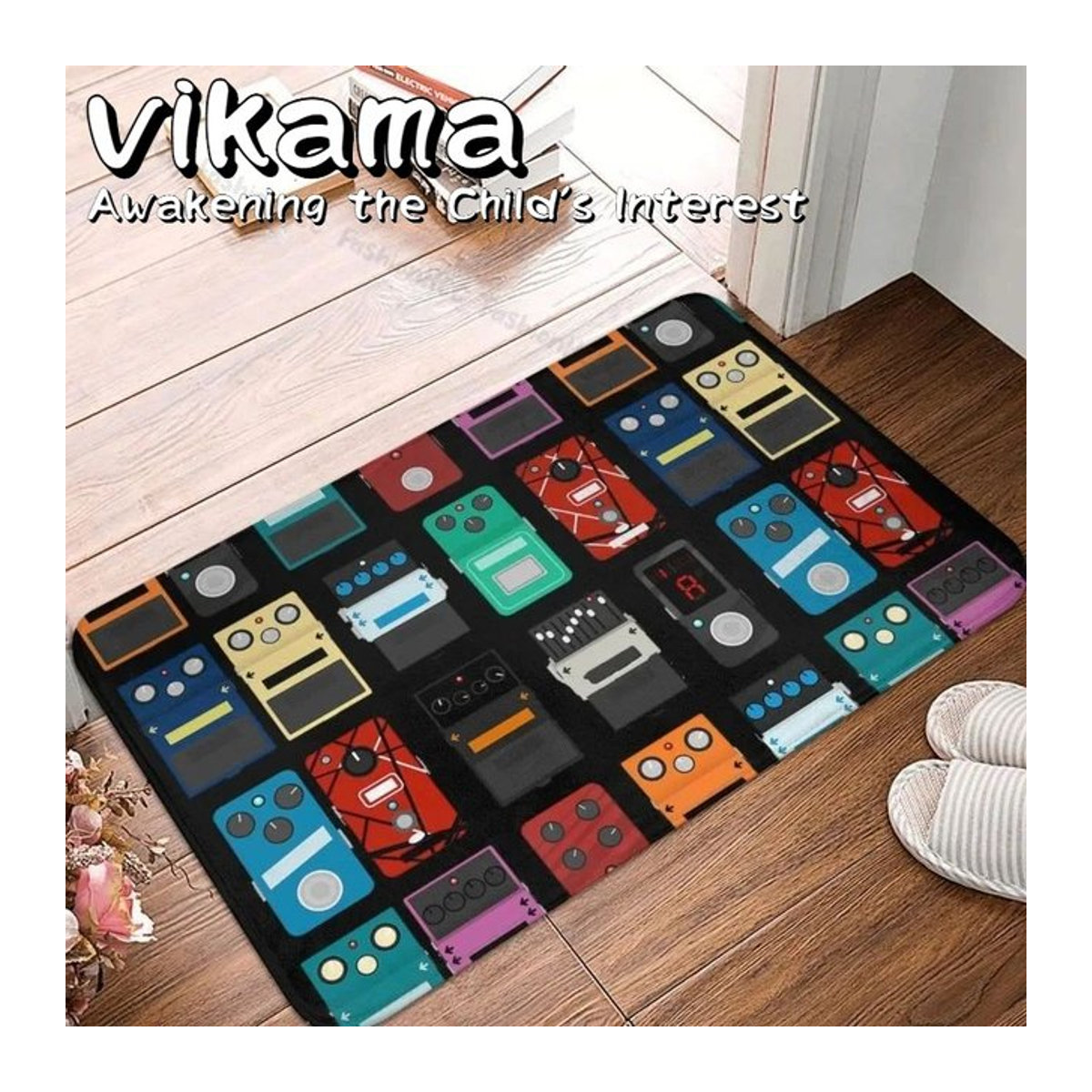 VIKAMA Rockstar Rhythm Rug Musikmatte aus Plüschflanell mit Gitarrenpedalgrafik in Schwarz - Bild 1