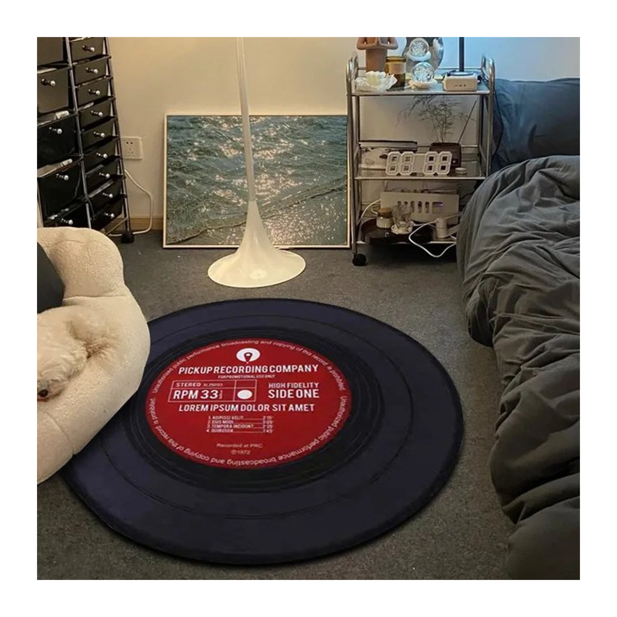 VIKAMA Rund Teppich im Record Music CD Design, Schwarz, Rutschfeste Bodenmatte für Wohnzimmer und Lounge - Bild 1
