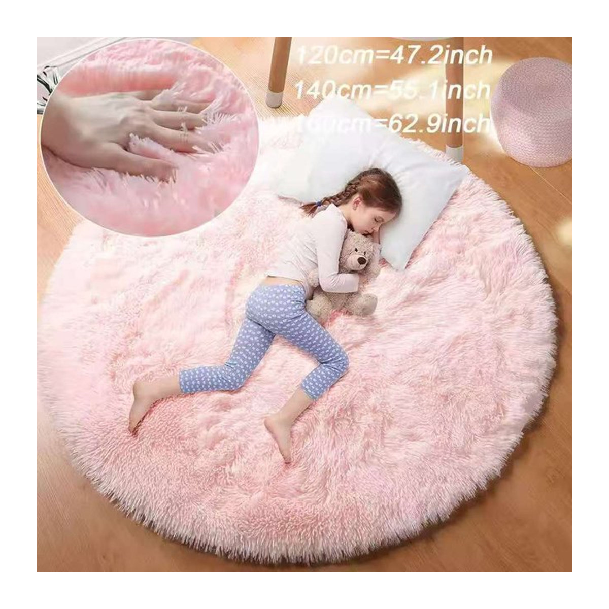 VIKAMA Runder Plüschteppich für Schlafzimmer und Wohnzimmer in Weiß und Rosa - Bild 1