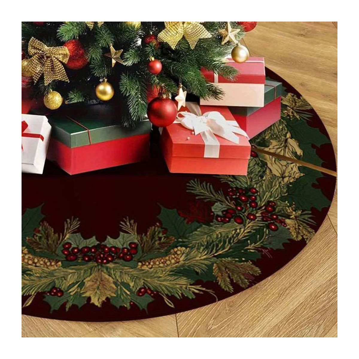 VIKAMA Rundes Weihnachtsbaumkleid mit Retro Holly Berry Print in Rot als Dekoration für Dein Wohnzimmer - Bild 1