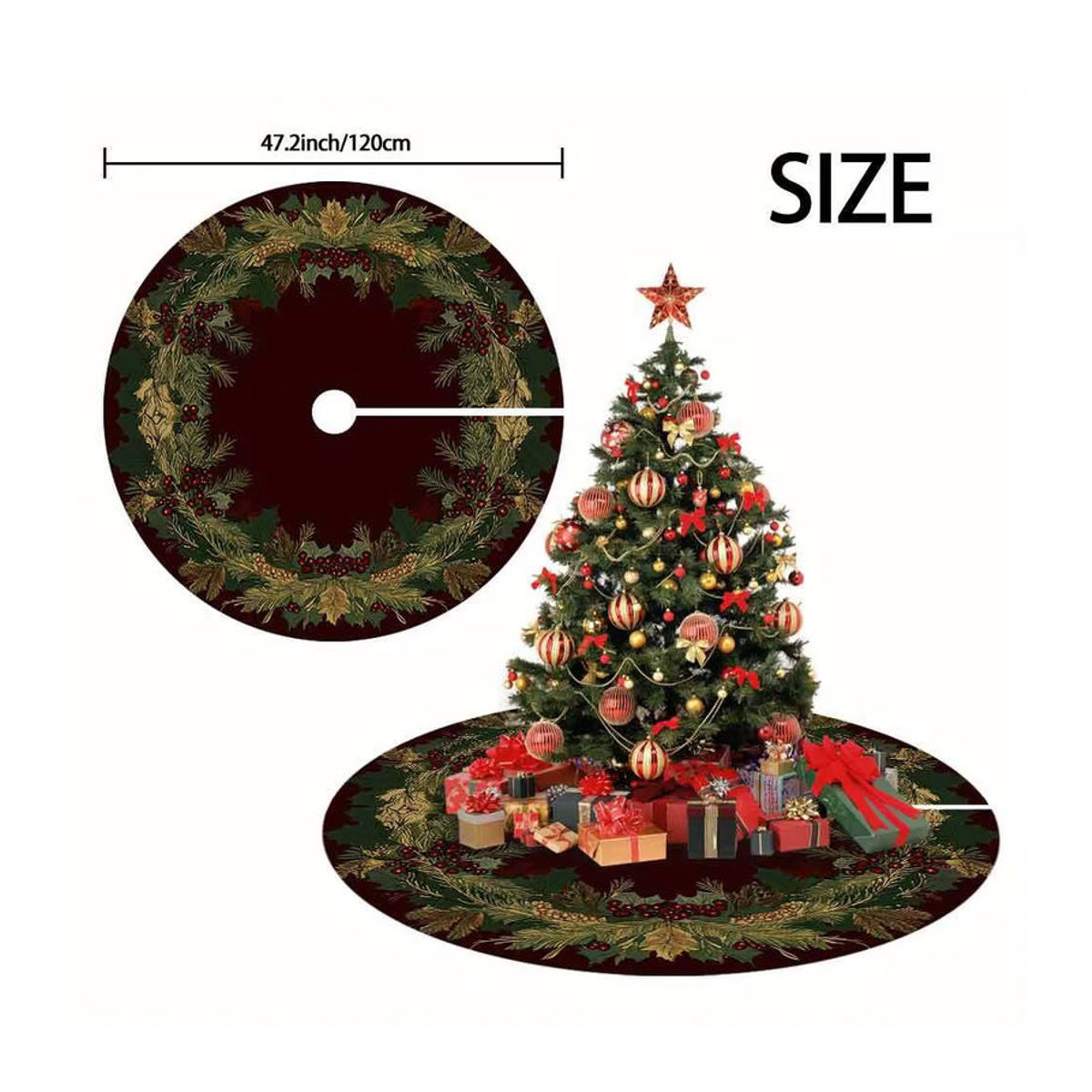 VIKAMA Rundes Weihnachtsbaumkleid mit Retro Holly Berry Print in Rot als Dekoration für Dein Wohnzimmer - Bild 2
