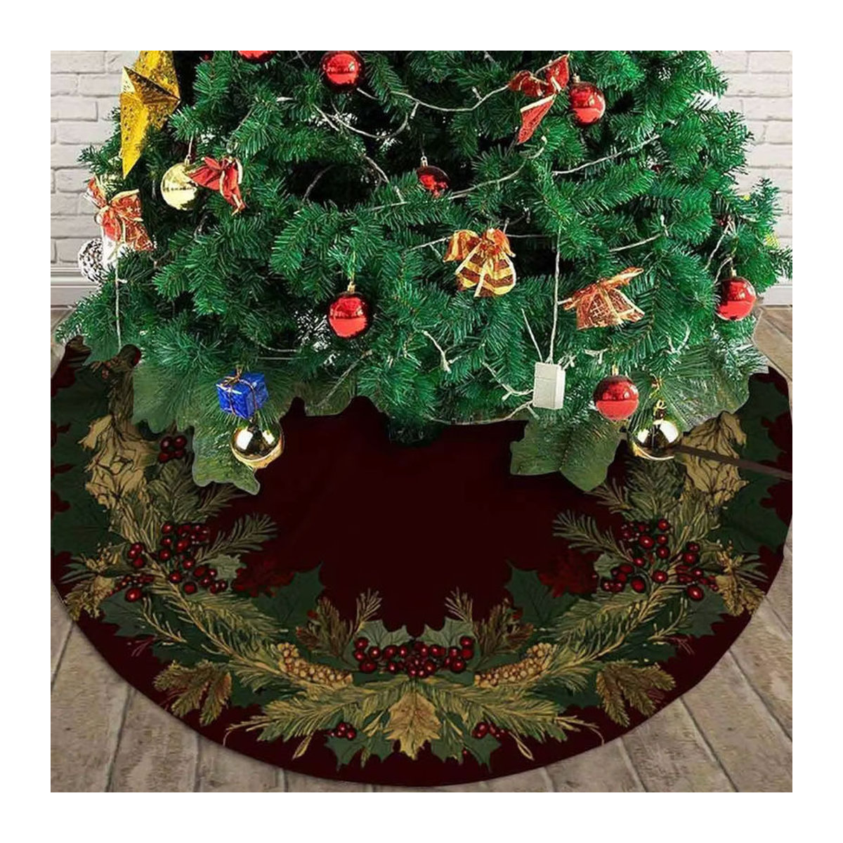VIKAMA Rundes Weihnachtsbaumkleid mit Retro Holly Berry Print in Rot als Dekoration für Dein Wohnzimmer - Bild 4