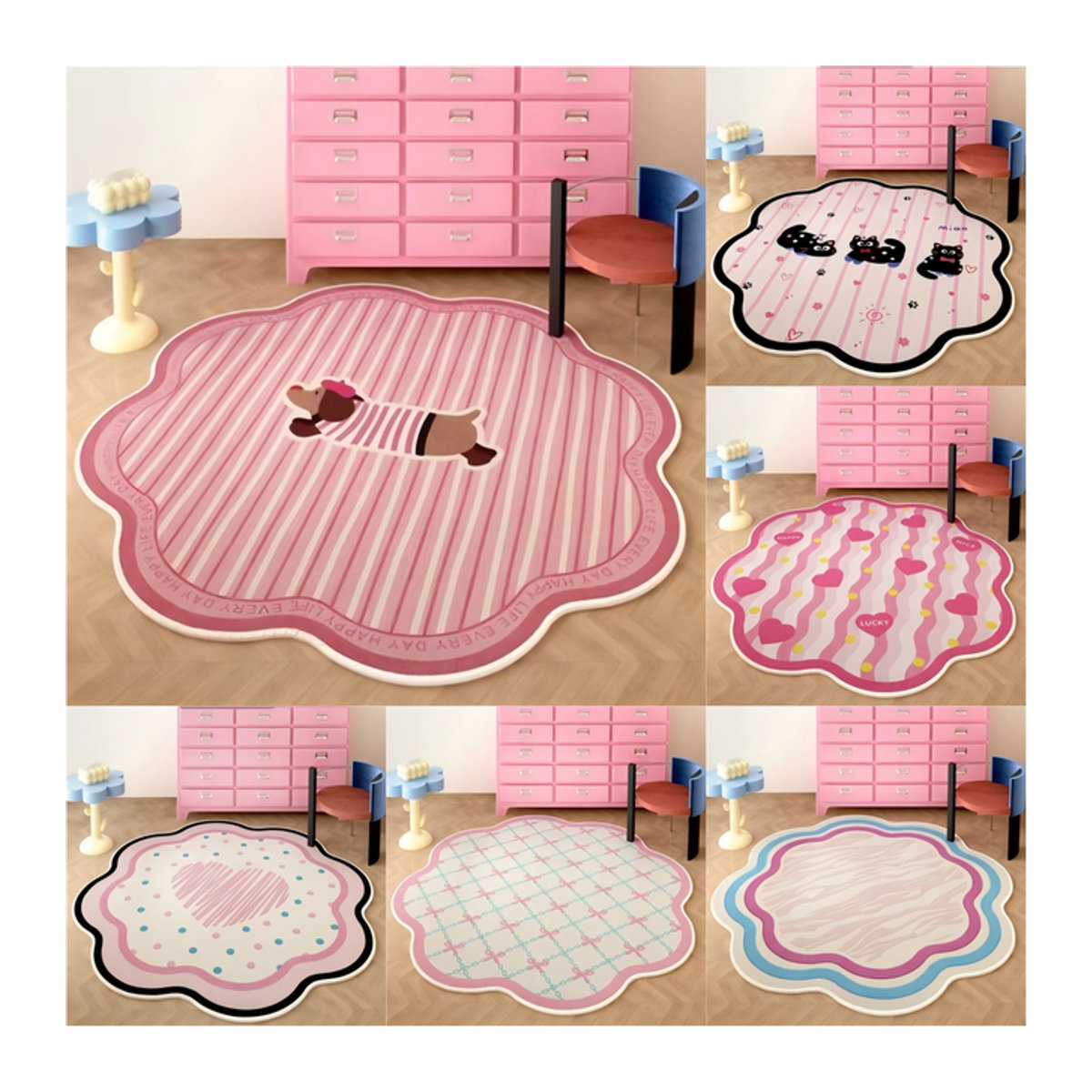 VIKAMA Rundteppich mit Cartoon-Bogen und Schleifen-Design, mehrfarbig, rutschfest und tragbar für Schlafzimmer oder Wohnzimmer - Bild 1