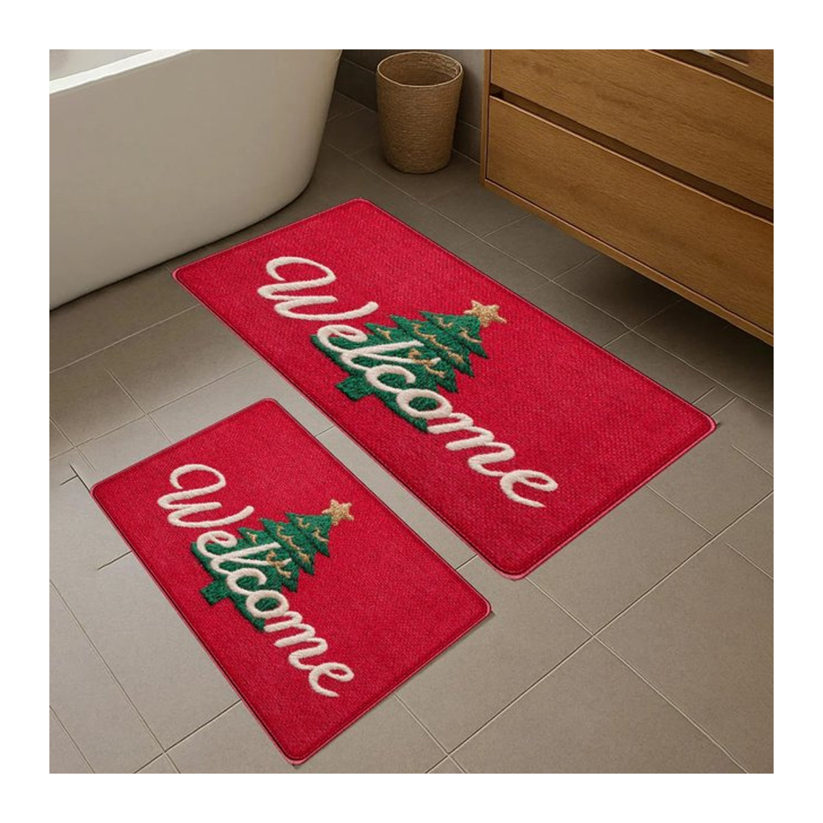 VIKAMA Rutschfeste Bodenmatte mit Roter Weihnachtsbaum Motiv für Wohnzimmer, Küche oder Eingangsbereich - Bild 1