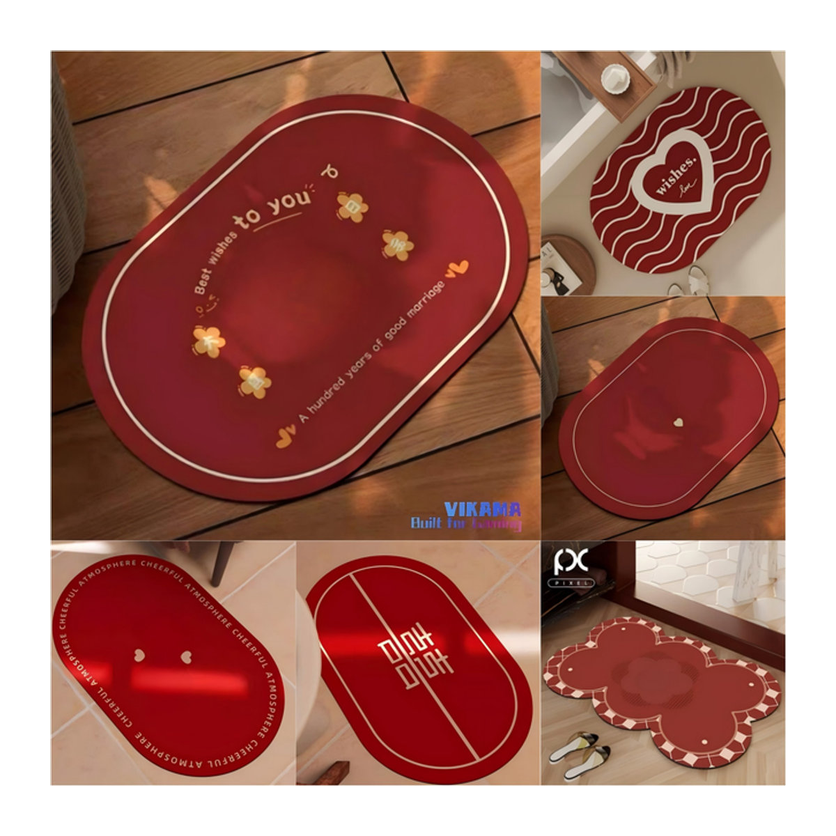 VIKAMA Rutschfeste Kieselgur Fußmatte für das Badezimmer in Rot, Oval und mit Print, saugstark und langlebig - Bild 1