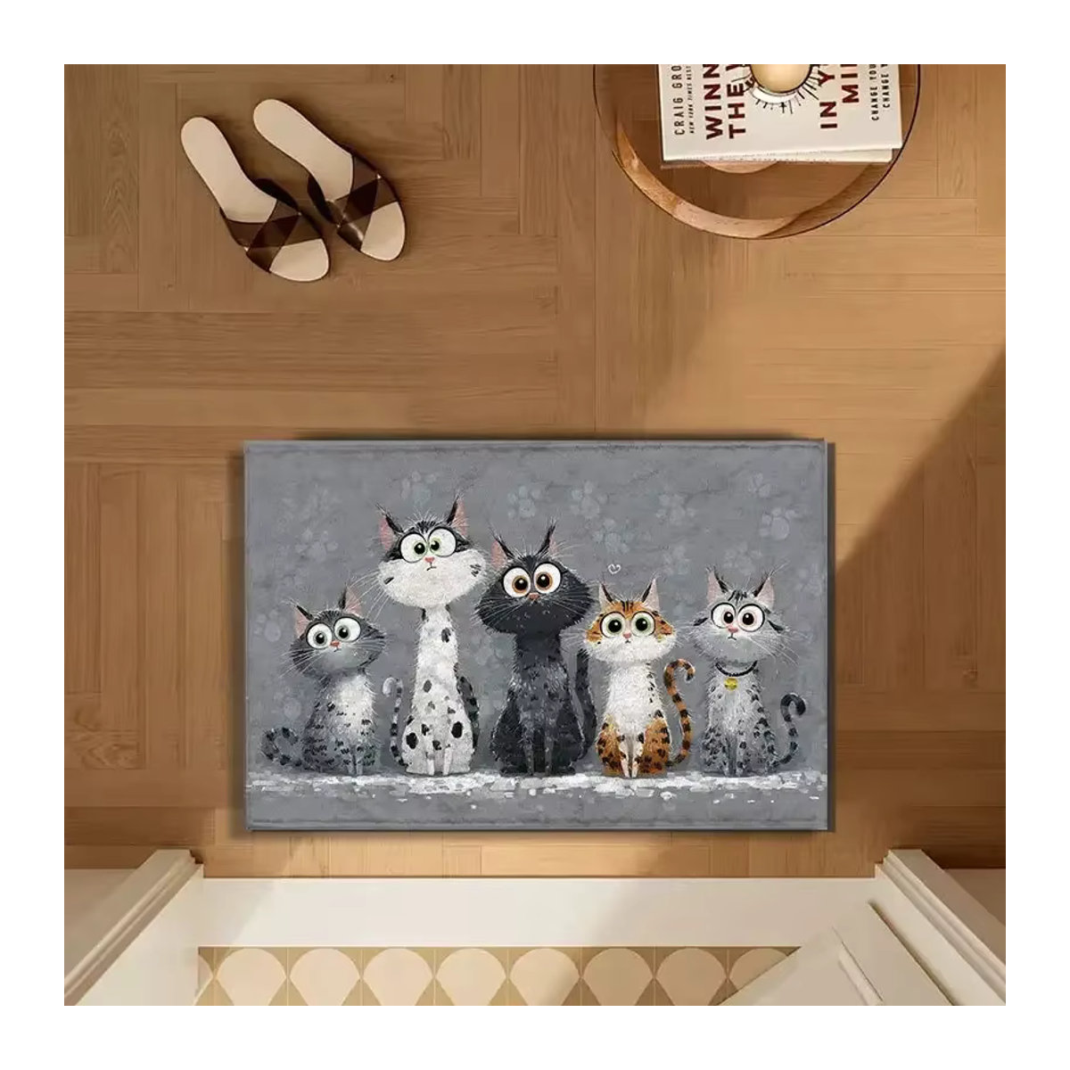 VIKAMA rutschfeste und waschbare Fußmatte mit Katzenmuster in Grau für Wohnzimmer, Küche und Badezimmer - Bild 3