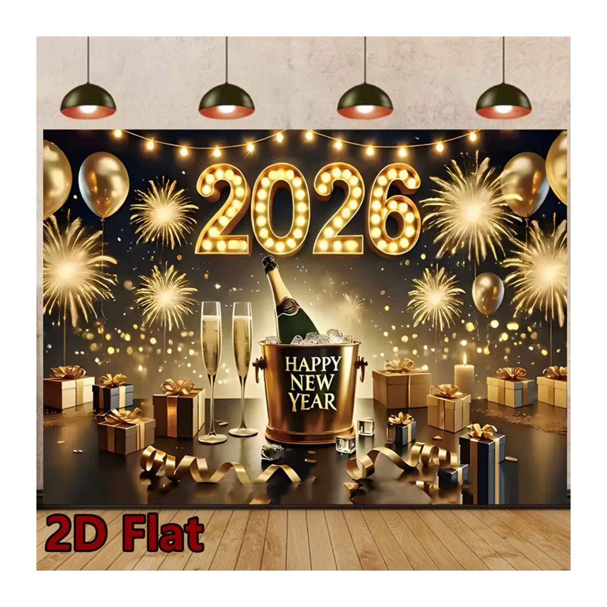 VIKAMA Silvester Wandteppich mit Feuerwerk-Motiv in Beige und Gold, rechteckige Textil-Wanddekoration für Party und Wohnzimmer, B/H: 60 x 40 cm - Bild 2