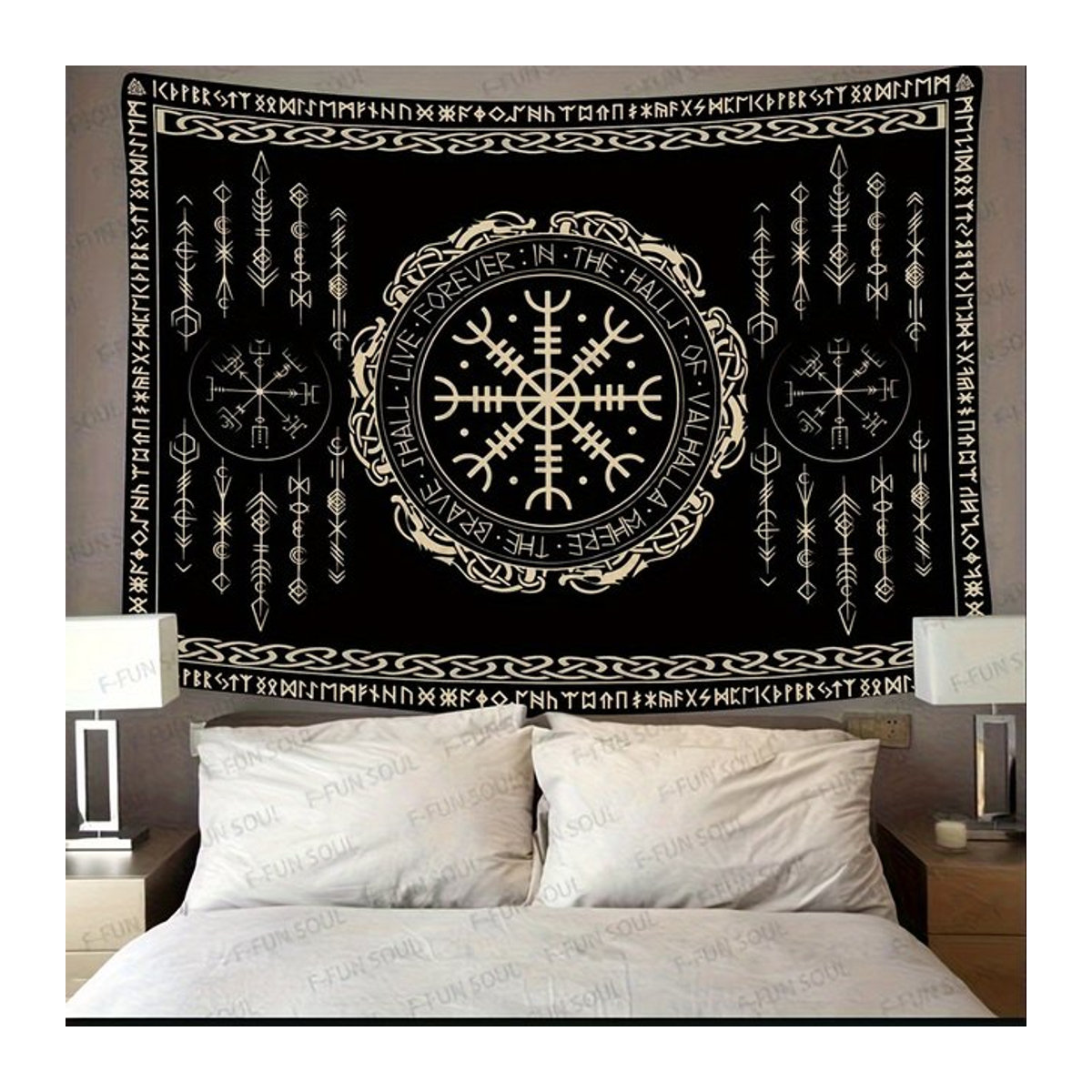 VIKAMA Skandinavischer Runen-Wandteppich in Schwarz mit Wikinger-Mythologie und keltischem Design, B/H: 60 x 40 cm - Bild 1