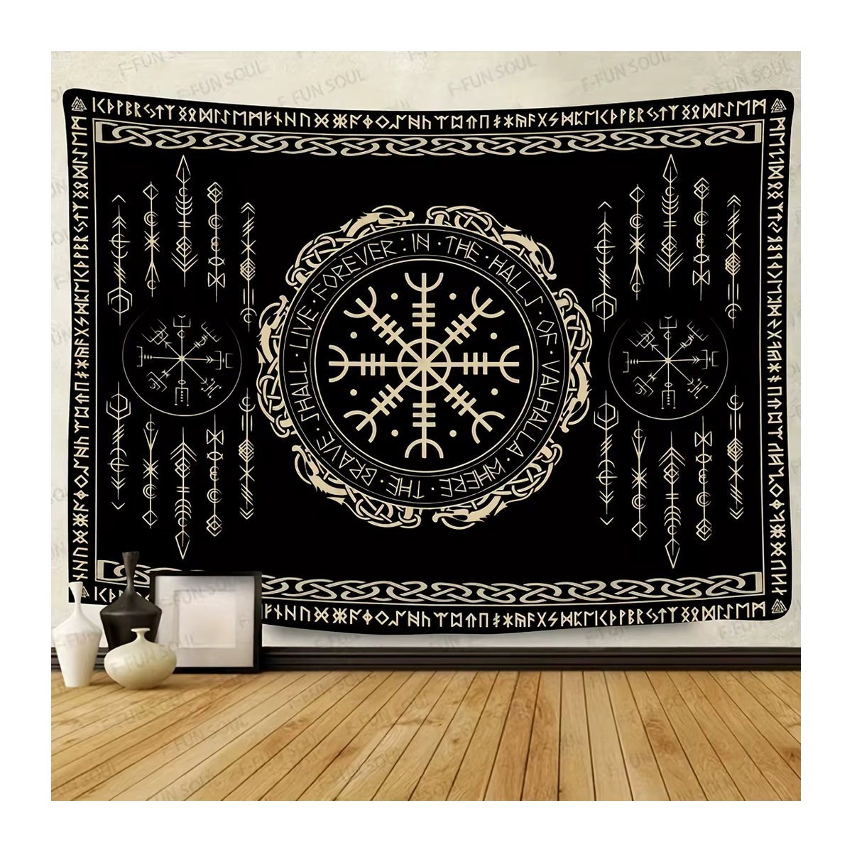 VIKAMA Skandinavischer Runen-Wandteppich in Schwarz mit Wikinger-Mythologie und keltischem Design, B/H: 60 x 40 cm - Bild 2