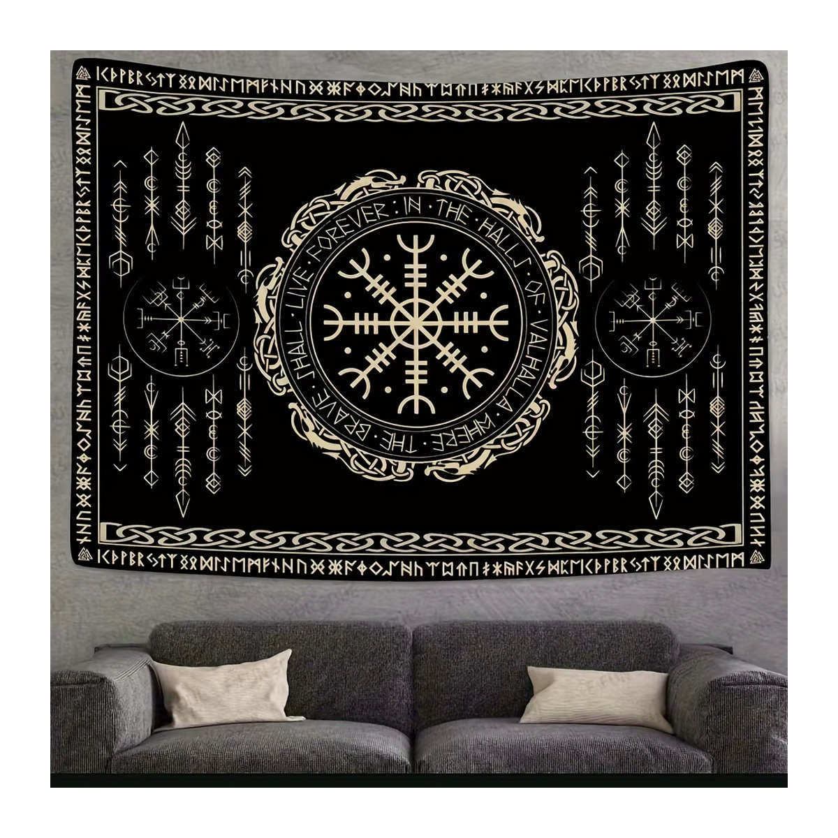 VIKAMA Skandinavischer Runen-Wandteppich in Schwarz mit Wikinger-Mythologie und keltischem Design, B/H: 60 x 40 cm - Bild 3