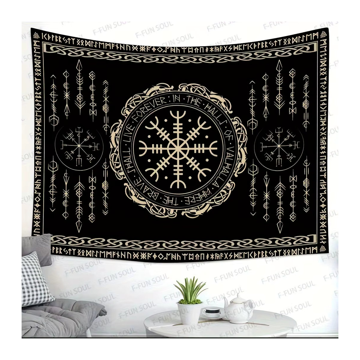 VIKAMA Skandinavischer Runen-Wandteppich in Schwarz mit Wikinger-Mythologie und keltischem Design, B/H: 60 x 40 cm - Bild 4