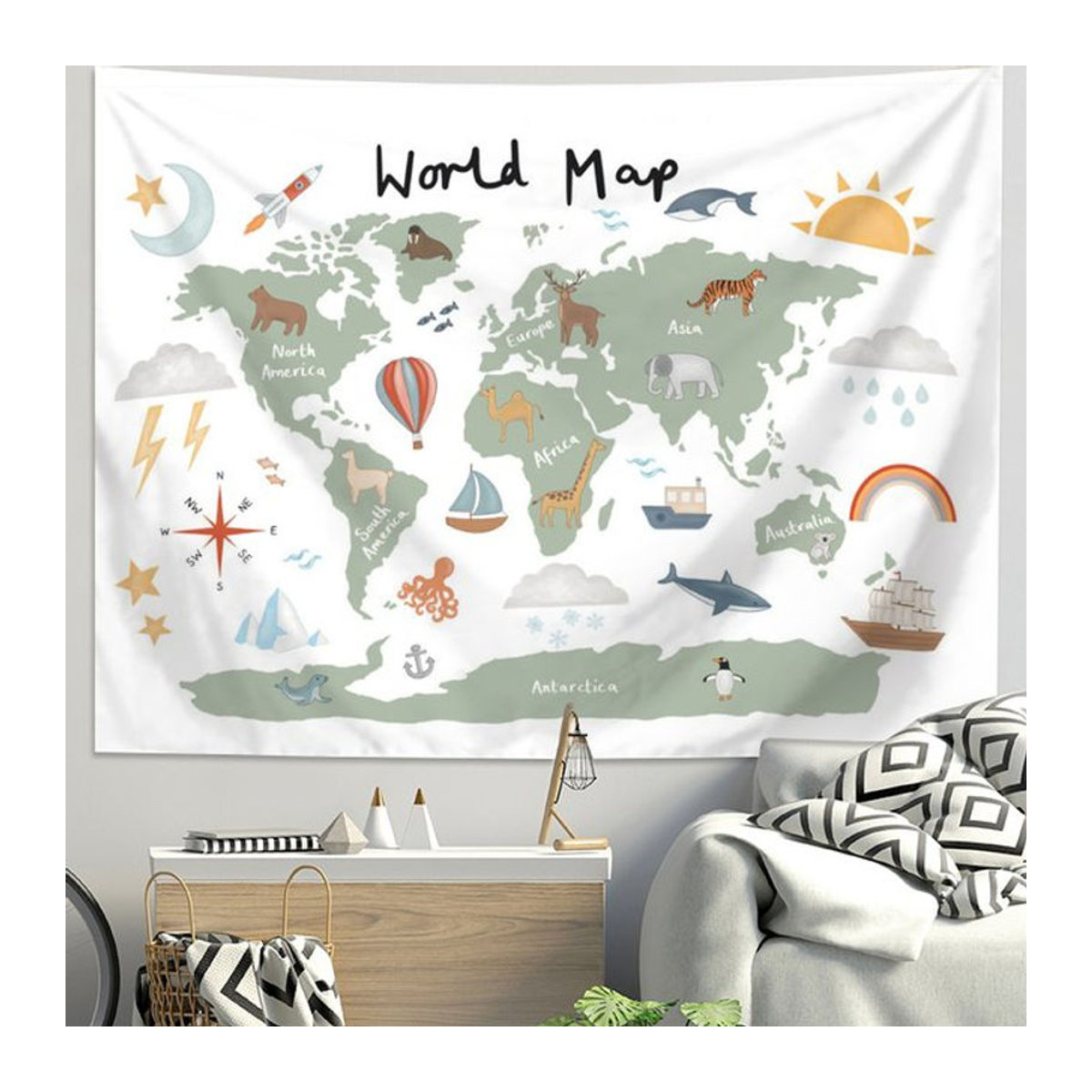 VIKAMA Skandinavischer Wandteppich mit Tierprint für das Kinderzimmer, mehrfarbig, Textil, B/H: 100 x 75 cm - Bild 1
