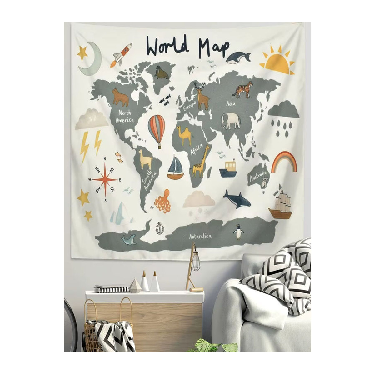 VIKAMA Skandinavischer Wandteppich mit Tierprint für das Kinderzimmer, mehrfarbig, Textil, B/H: 100 x 75 cm - Bild 2
