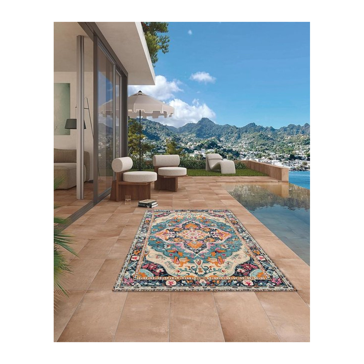 VIKAMA Sommer-Außenteppich mit Blumenmuster in Bunt, rutschfeste Bodenmatte für Garten und Schwimmbad, Rechteckig, B/B: 120 x 80 cm - Bild 1