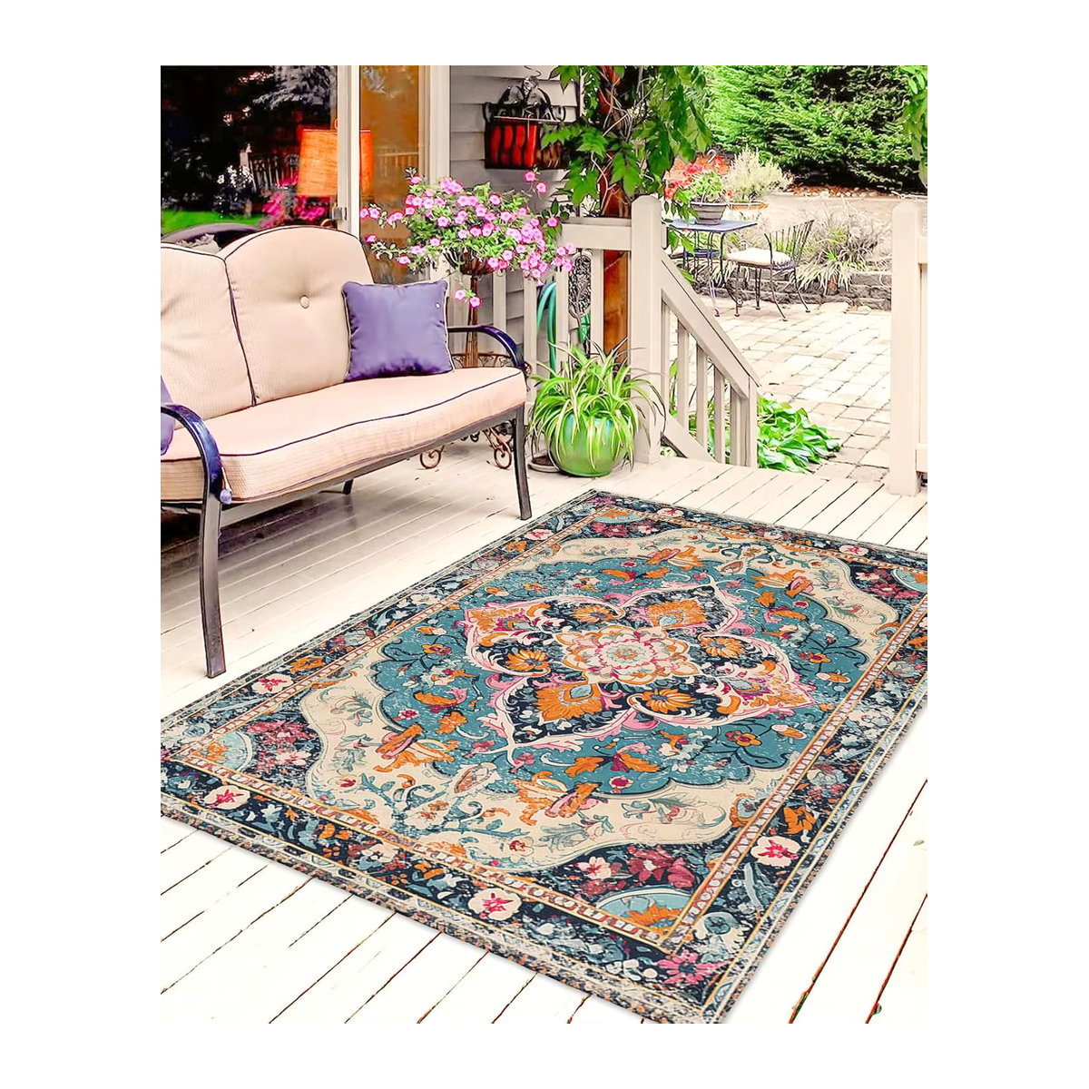 VIKAMA Sommer-Außenteppich mit Blumenmuster in Bunt, rutschfeste Bodenmatte für Garten und Schwimmbad, Rechteckig, B/B: 120 x 80 cm - Bild 3