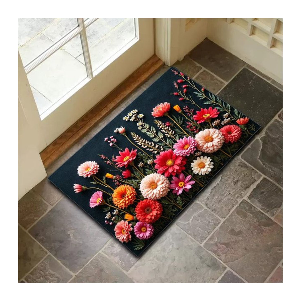VIKAMA Sommer-Flanell-Teppich mit Blumenmuster in Mehrfarbig, rutschfester Teppich für Innen- und Außenbereich sowie Küche - Bild 1