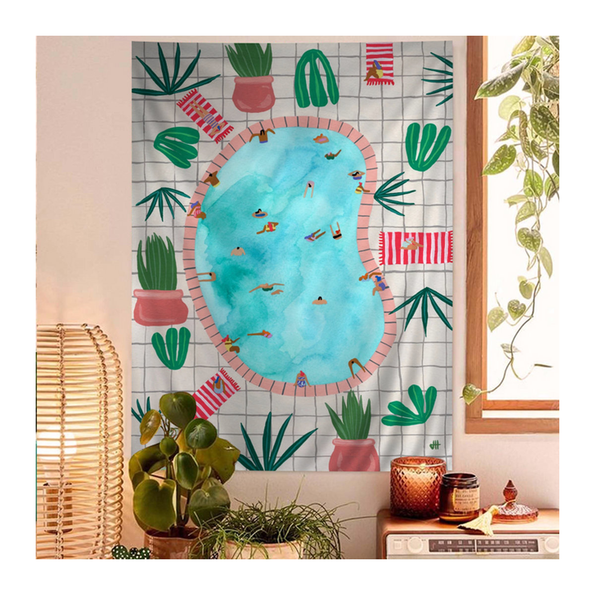 VIKAMA Sommer Pool Party Wandteppich mit Cartoon-Motiv und Farbverlauf, mehrfarbig, B/H: 150 x 90 cm - Bild 1